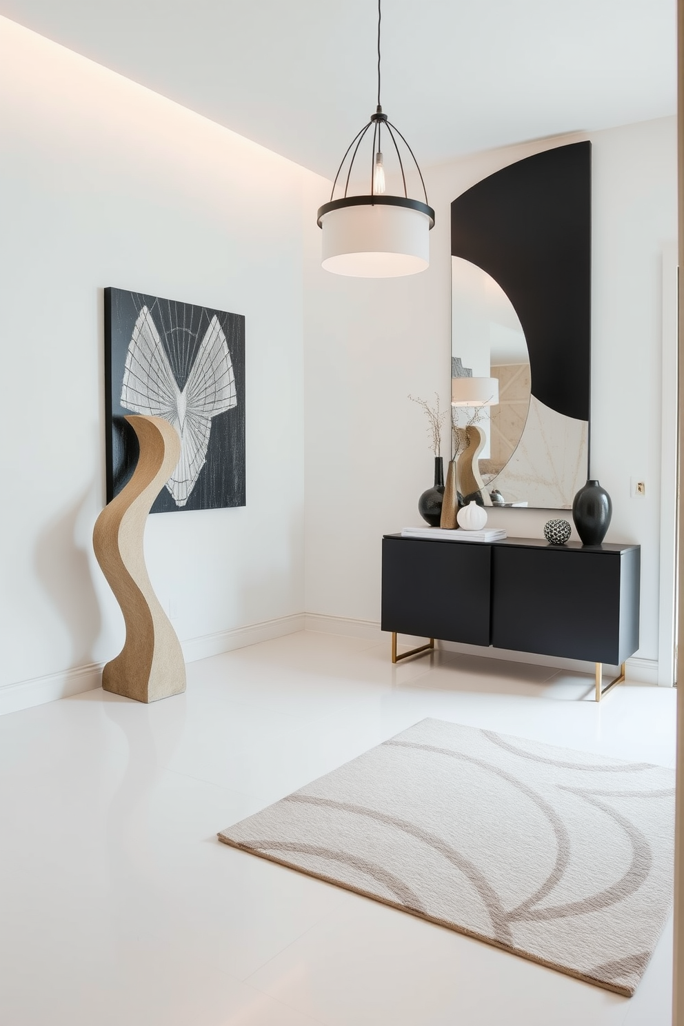 A modern entryway features sculptural elements that serve as striking focal points. A large, abstract sculpture stands in the corner, complemented by a sleek console table adorned with decorative objects. The walls are painted in a crisp white, enhancing the contemporary feel of the space. A geometric rug adds texture underfoot, while a stylish pendant light casts a warm glow over the entryway.