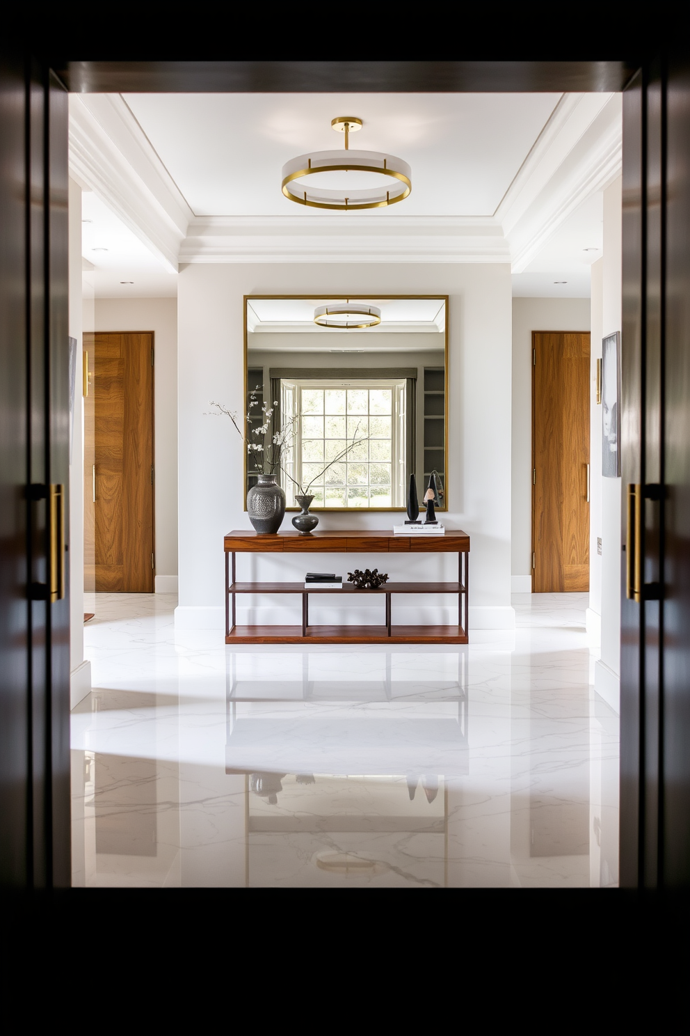 A modern entryway featuring a sleek marble floor that reflects light beautifully. Elegant brass accents are incorporated in the lighting fixtures and hardware, creating a sophisticated atmosphere. The entryway is adorned with a minimalist console table made of rich wood, topped with decorative elements like a stylish vase and a sculptural piece. A large, framed mirror hangs above the table, enhancing the sense of space and light.