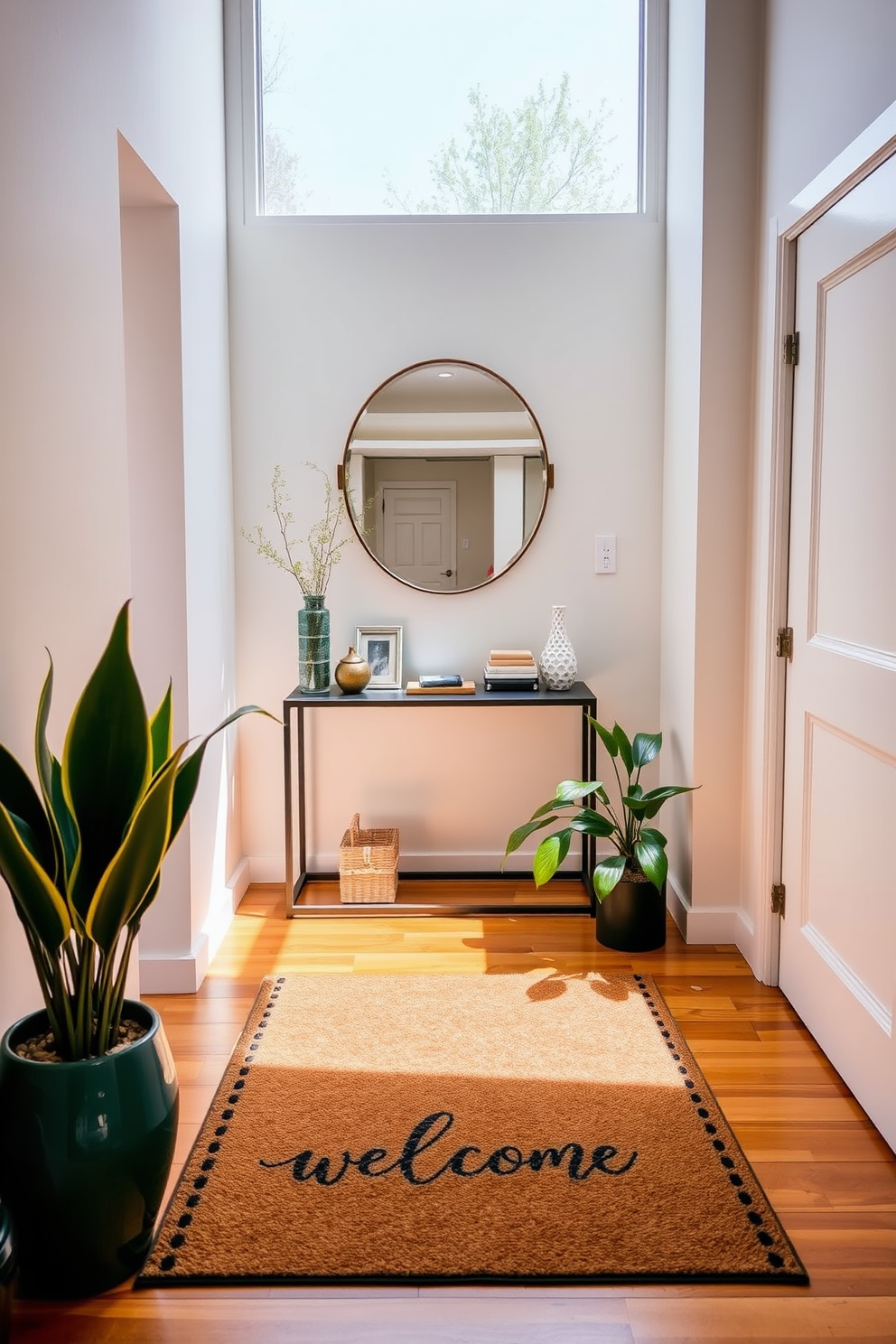 A welcoming entry mat with a personal touch greets guests as they enter the space. The entryway features a sleek console table adorned with decorative items and a stylish mirror above it. Natural light floods the area through a large window, highlighting the warm wood tones of the floor. Potted plants are placed strategically to bring life and freshness to the modern design.