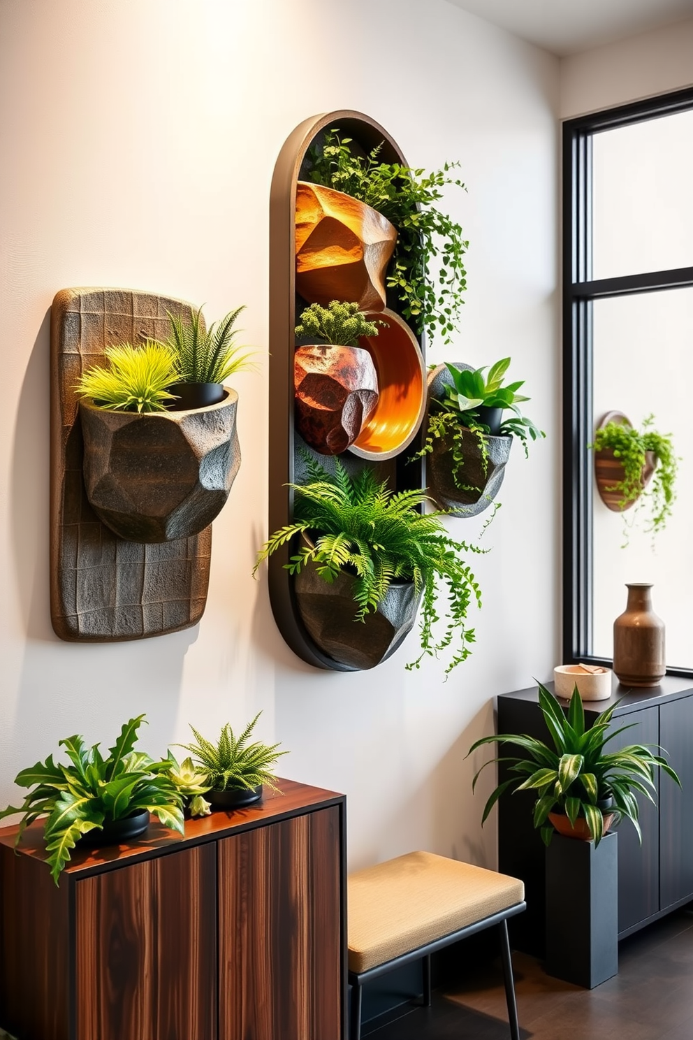 Artistic wall-mounted planters create a vibrant and lively atmosphere in any entryway. These planters feature a variety of textures and colors, showcasing an array of lush greenery that welcomes guests with a touch of nature. Modern entryway design ideas incorporate sleek lines and minimalist aesthetics. A combination of functional storage solutions and statement lighting enhances the space while maintaining a clean and inviting look.