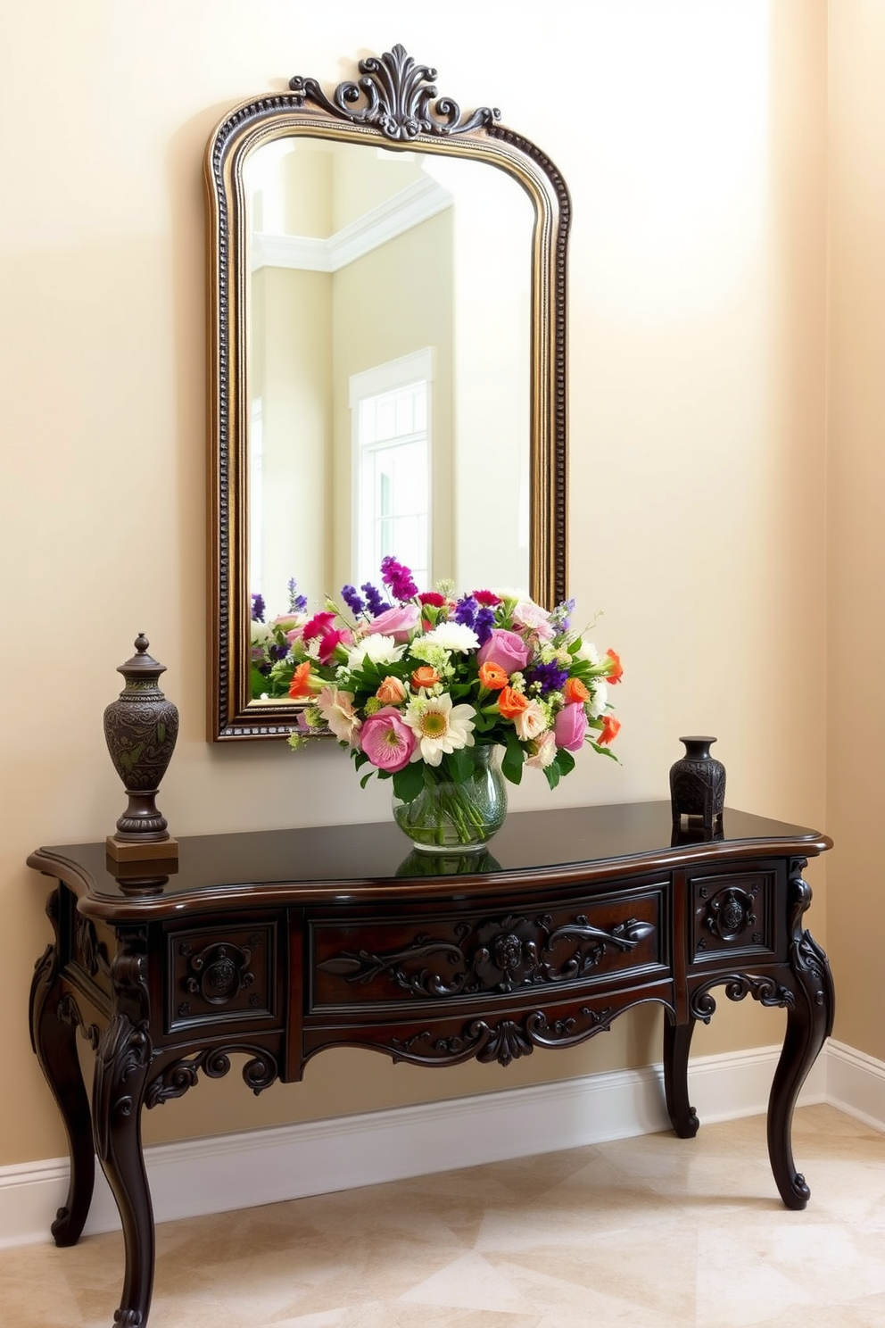 A stylish entryway adorned with a collection of framed art pieces that reflect personal memories and artistic preferences. The walls are painted in a soft neutral tone, creating a warm and inviting atmosphere, while a sleek console table sits against the wall, topped with decorative items and a small potted plant. The flooring features a beautiful herringbone pattern in light wood, adding a touch of elegance. A contemporary pendant light hangs from the ceiling, illuminating the space and highlighting the art gallery display.