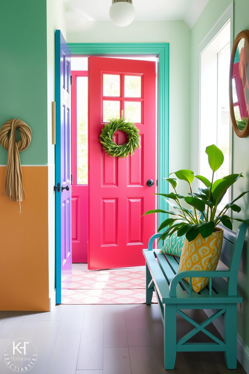 A colorful door painted in a vibrant shade welcomes guests into a bright and airy entryway. The space features a stylish bench with colorful cushions, and a large potted plant adds a touch of greenery to the cheerful atmosphere.