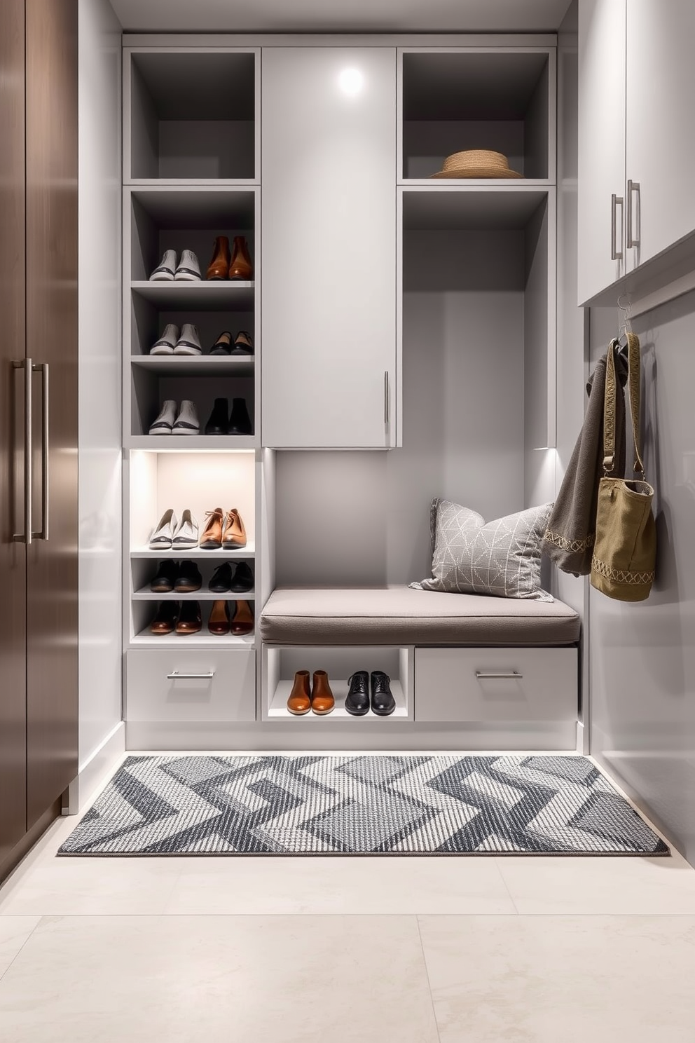 A functional shoe storage solution is integrated into a modern entryway featuring sleek cabinetry and open shelving. The design incorporates a stylish bench for seating, with a textured rug underfoot and ambient lighting highlighting the space.