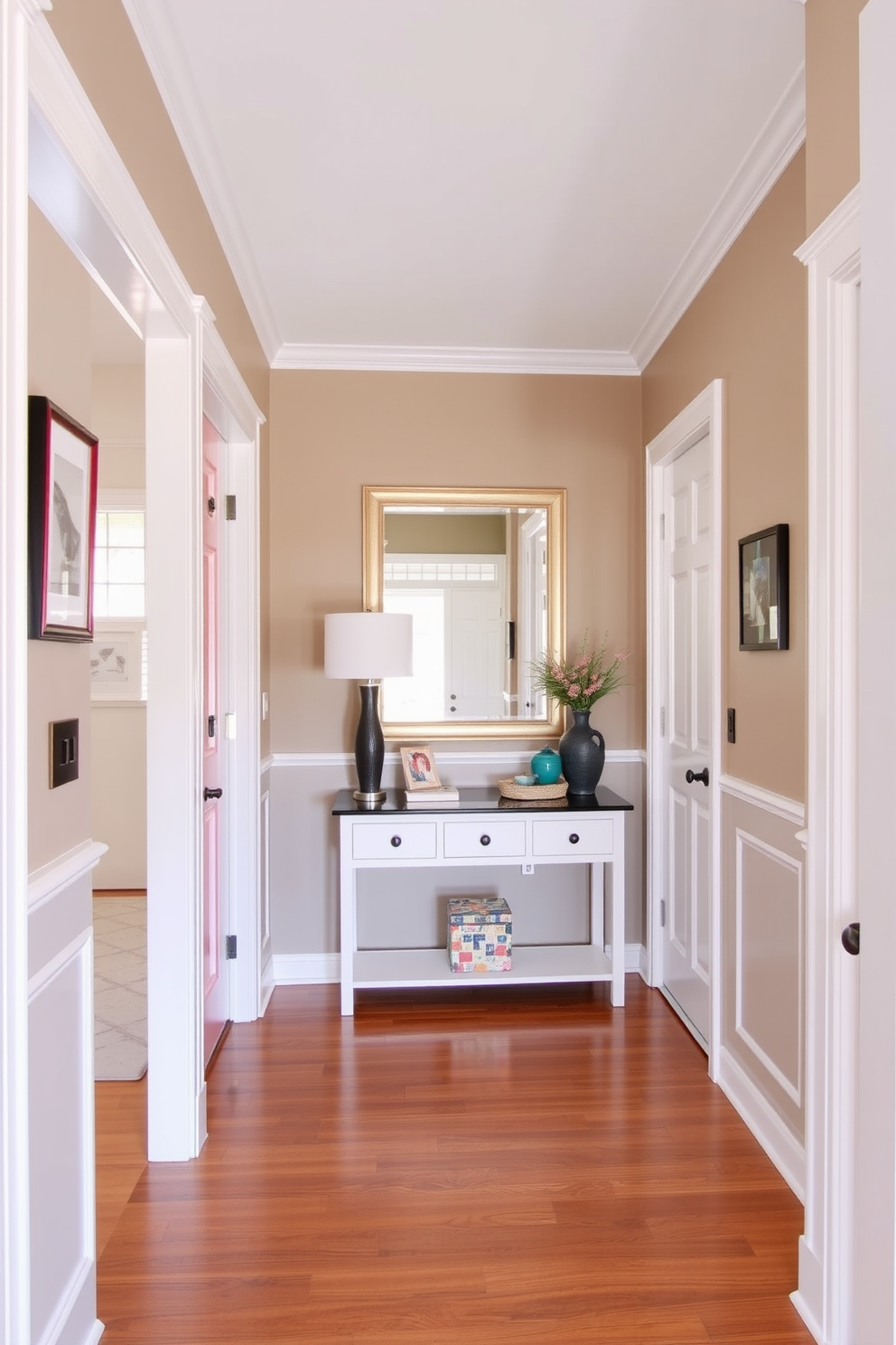 A modern clock serves as a striking functional decor piece in the entryway. Its sleek design features a minimalist face and metallic accents that complement the overall aesthetic of the space. The entryway is designed with a combination of natural wood elements and contemporary furnishings. A stylish console table is placed against the wall, adorned with decorative items and a large mirror that enhances the sense of openness.