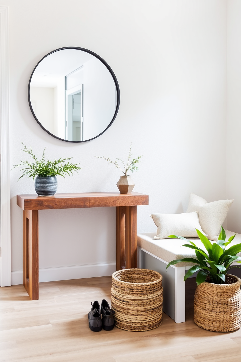 A modern entryway featuring a neutral color palette that emphasizes natural textures. The space includes a sleek console table made of reclaimed wood and a large round mirror reflecting soft ambient light. To the side, a cozy bench upholstered in light fabric invites guests to sit. Potted greenery adds a touch of life, while a woven basket neatly stores shoes below the table.