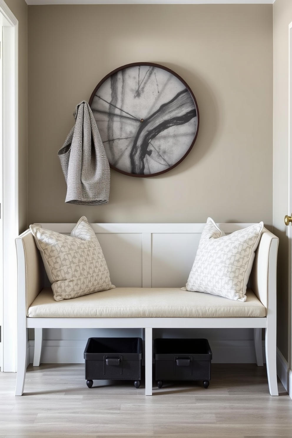 A serene entryway featuring a neutral color palette that promotes a calming atmosphere. The walls are painted in soft beige, complemented by a light gray bench with plush cushions. Natural light floods the space through a large window, illuminating the elegant hardwood floor. A simple round mirror hangs above a minimalist console table adorned with a small potted plant and a few decorative books.