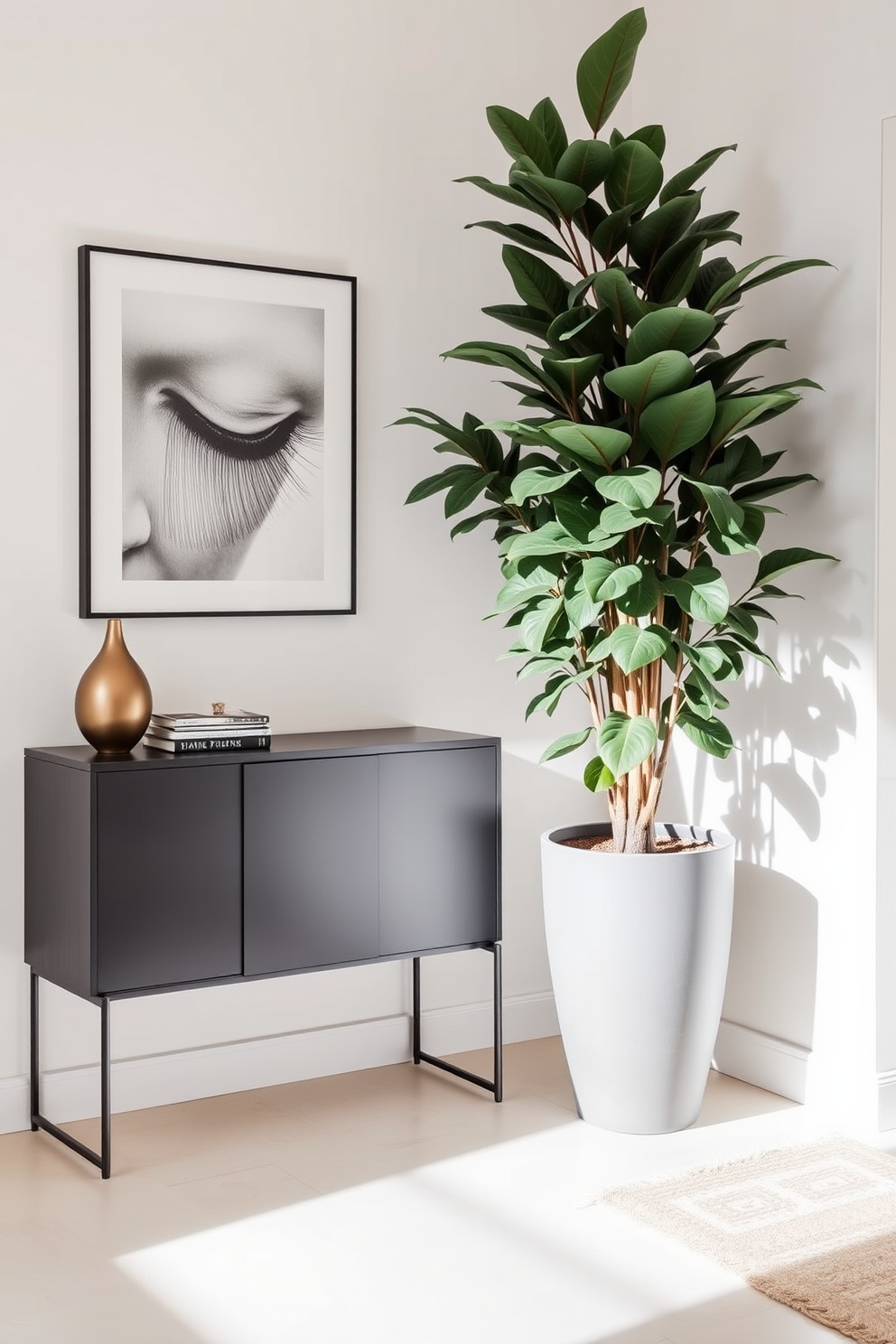 A modern entryway features a large potted plant that adds a fresh touch to the space. The walls are painted in a soft neutral color, complemented by a sleek console table and stylish wall art.