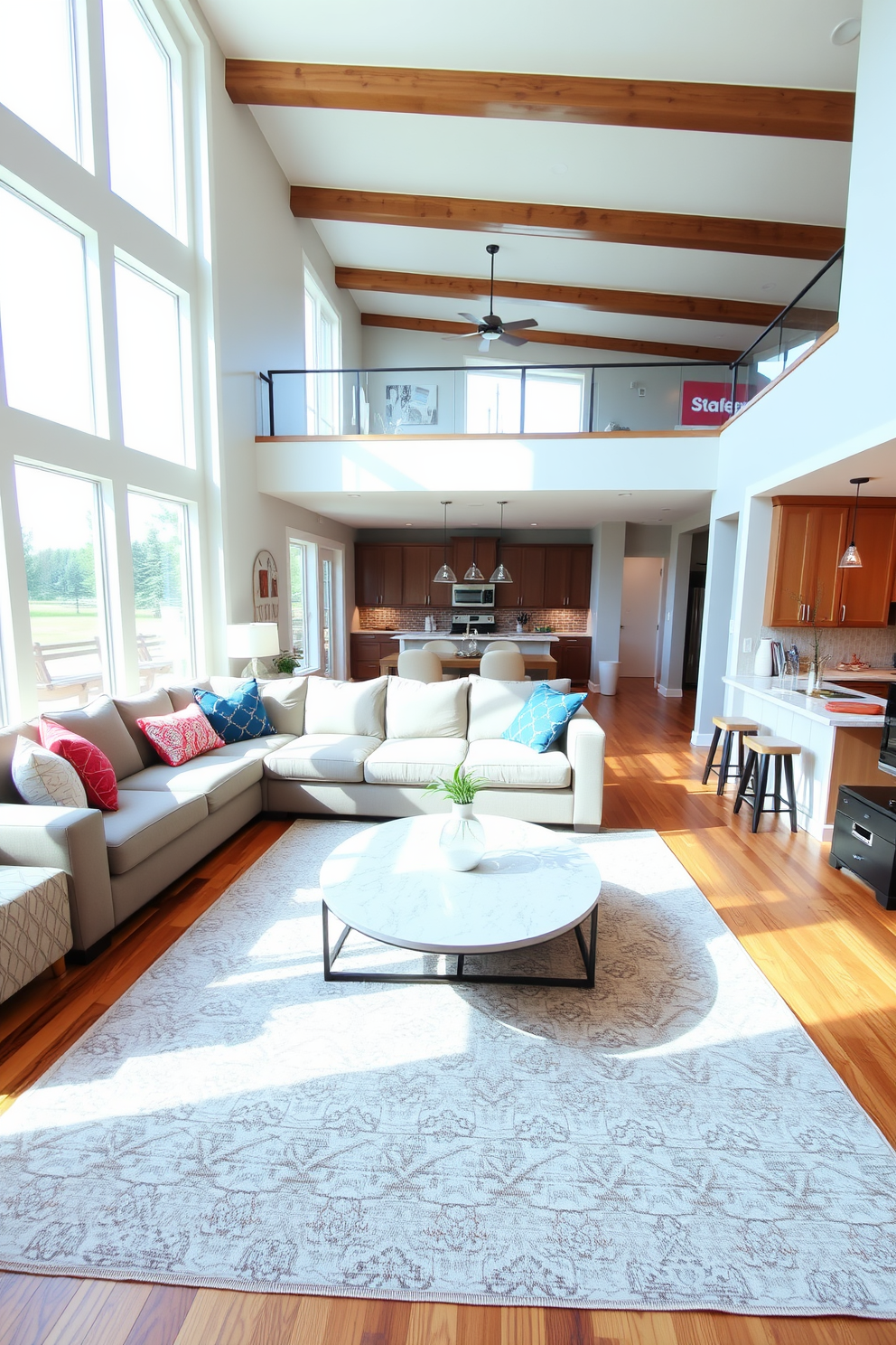 Open concept layout with cozy seating featuring a large sectional sofa in a soft gray fabric. The room includes a rustic wooden coffee table and a plush area rug that adds warmth to the space. Natural light floods in through expansive windows adorned with sheer curtains. A stylish entertainment unit holds a flat-screen TV and decorative accents, creating a welcoming atmosphere.