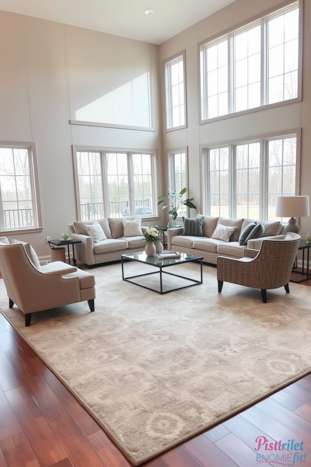 A spacious family room featuring a large area rug that anchors the seating area. The rug is adorned with a geometric pattern in soft neutral tones that complement the surrounding furniture. The room includes a plush sectional sofa and a pair of accent chairs arranged around a coffee table. Large windows allow natural light to flood in, enhancing the warmth of the wooden flooring.