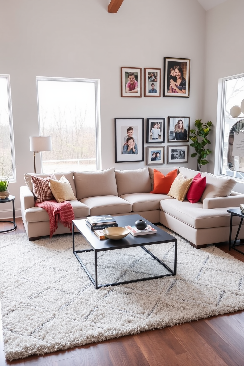 A modern family room filled with natural light showcases a variety of indoor plants strategically placed around the space. The room features a comfortable sectional sofa in neutral tones, complemented by a sleek coffee table and vibrant throw pillows. The walls are adorned with contemporary art pieces that add a pop of color and personality to the room. A stylish area rug anchors the seating arrangement, while large windows offer views of the lush greenery outside.