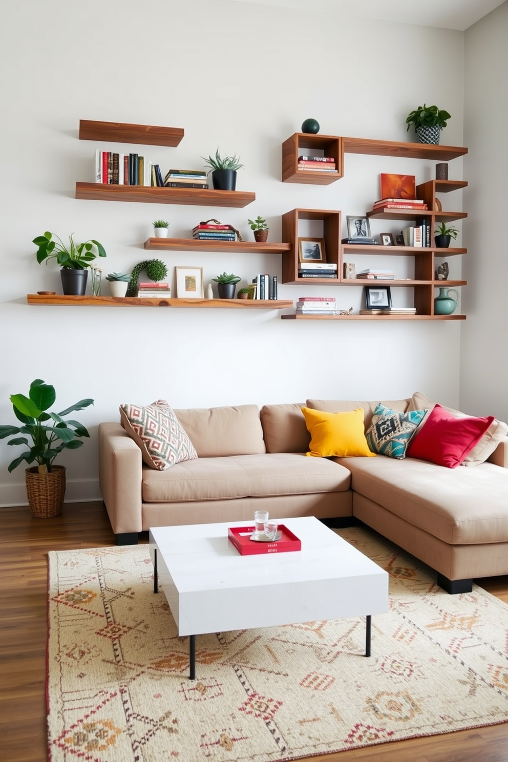 A modern family room featuring an accent wall adorned with bold geometric patterns. The space is filled with a plush sectional sofa in neutral tones, paired with vibrant throw pillows that complement the wall design. A sleek coffee table sits at the center, surrounded by a cozy area rug that adds warmth to the room. Natural light floods in through large windows, highlighting the contemporary art pieces that decorate the walls.