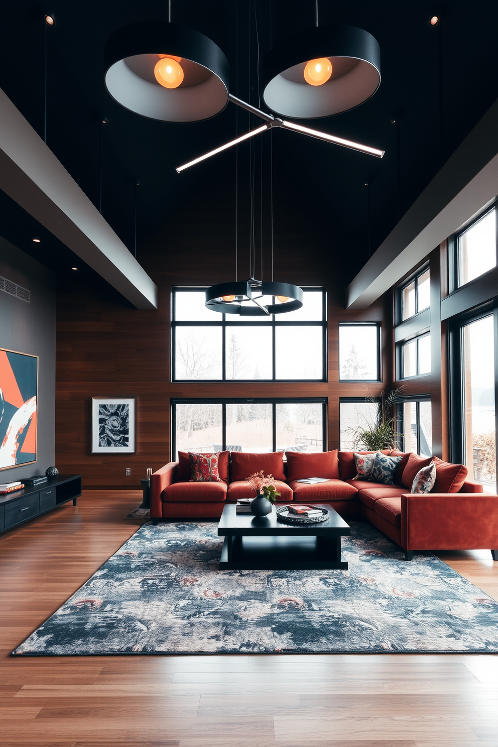 A modern family room with bold lighting fixtures that create a dramatic ambiance. The space features a large sectional sofa in a rich fabric, complemented by a sleek coffee table and vibrant accent pillows. The walls are adorned with contemporary artwork, while a stylish area rug anchors the seating area. Large windows allow natural light to flood in, enhancing the warm tones of the room.