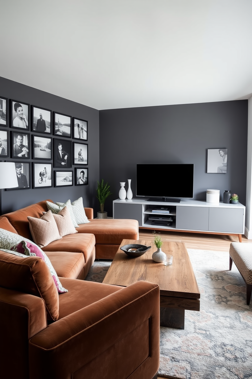 A modern family room that seamlessly blends vintage and contemporary elements. The space features a large sectional sofa upholstered in a rich velvet fabric paired with a reclaimed wood coffee table. On one wall, a gallery of vintage black and white photographs is framed in mismatched frames, adding character to the room. A sleek, modern entertainment unit sits opposite the sofa, showcasing a flat-screen TV and decorative accessories.