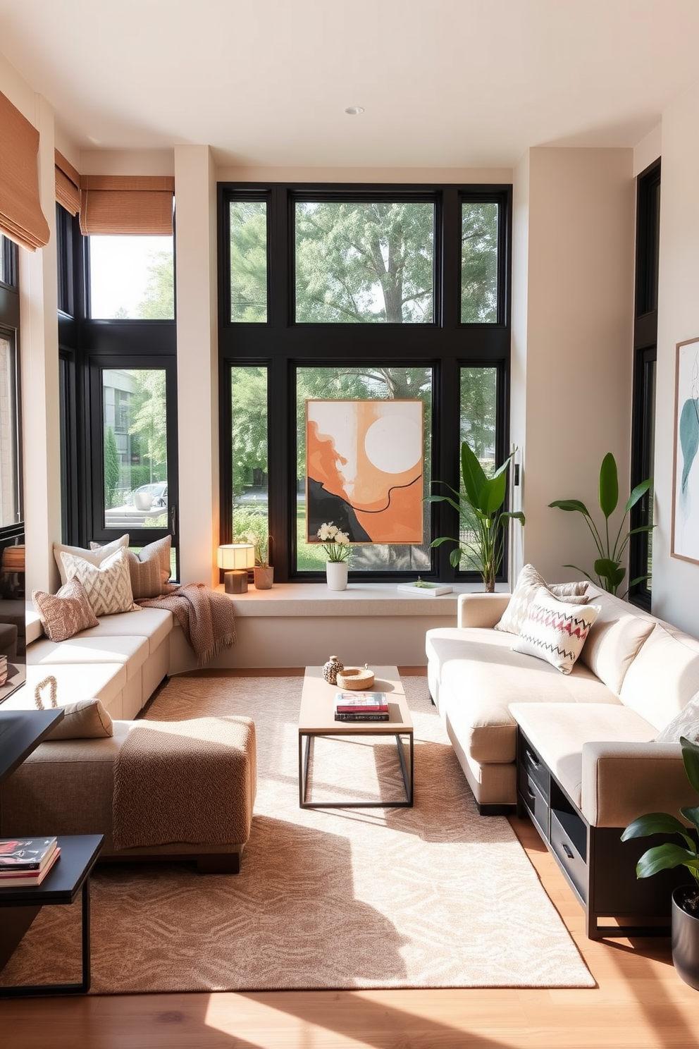 Cozy reading nook with window seat. Soft cushions and a plush throw blanket adorn the window seat, inviting relaxation. A small bookshelf filled with colorful novels sits beside it, while a warm lamp casts a gentle glow. The walls are painted a soft beige, and a patterned rug anchors the space. Modern family room design ideas. A large sectional sofa in a neutral tone faces a sleek coffee table, creating a comfortable gathering space. Floor-to-ceiling windows allow natural light to flood the room, complemented by contemporary art pieces on the walls. A stylish entertainment unit houses the television, while potted plants add a touch of greenery.