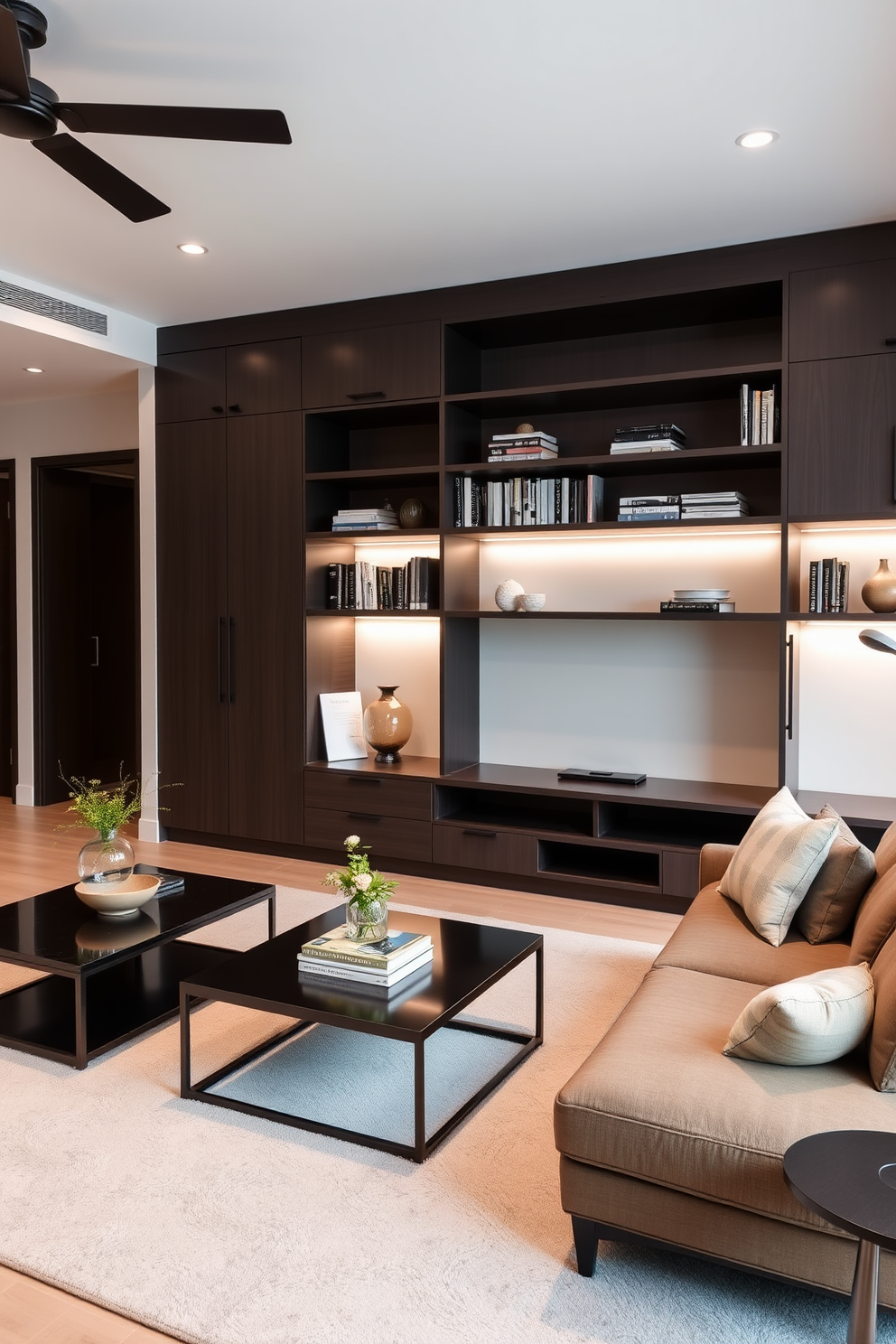 A modern family room featuring built-in storage solutions that blend seamlessly with the overall decor. The space includes a comfortable sectional sofa, a sleek coffee table, and a wall unit that showcases books and decorative items while keeping clutter at bay.