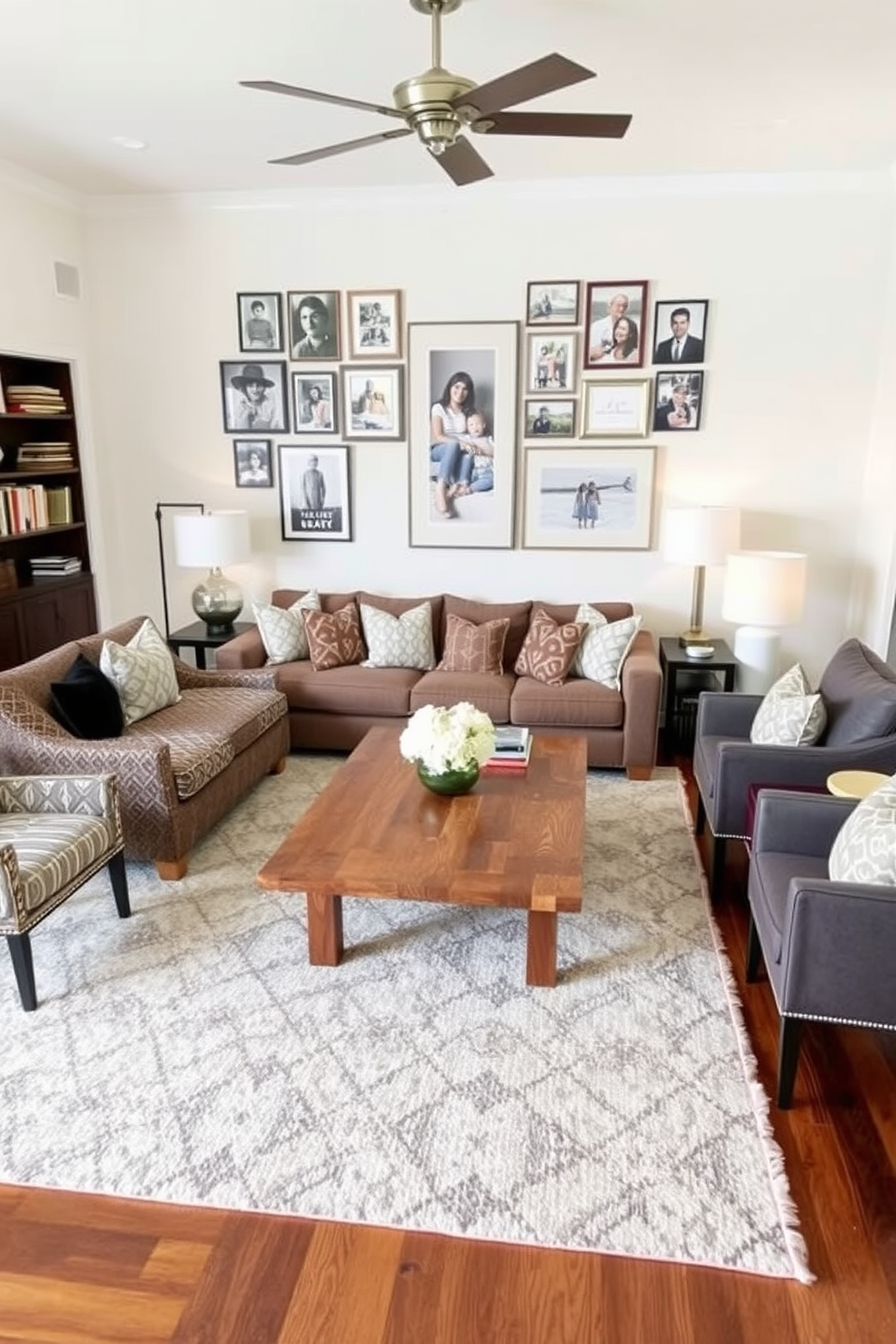 A modern family room featuring a plush sectional sofa with a mix of patterned throw pillows. The walls are adorned with a gallery of family photos, and a large area rug adds warmth to the hardwood floor. Incorporate a sleek coffee table made of reclaimed wood, surrounded by stylish accent chairs. Soft lighting from floor lamps creates an inviting ambiance, while a built-in bookshelf showcases books and decorative items.