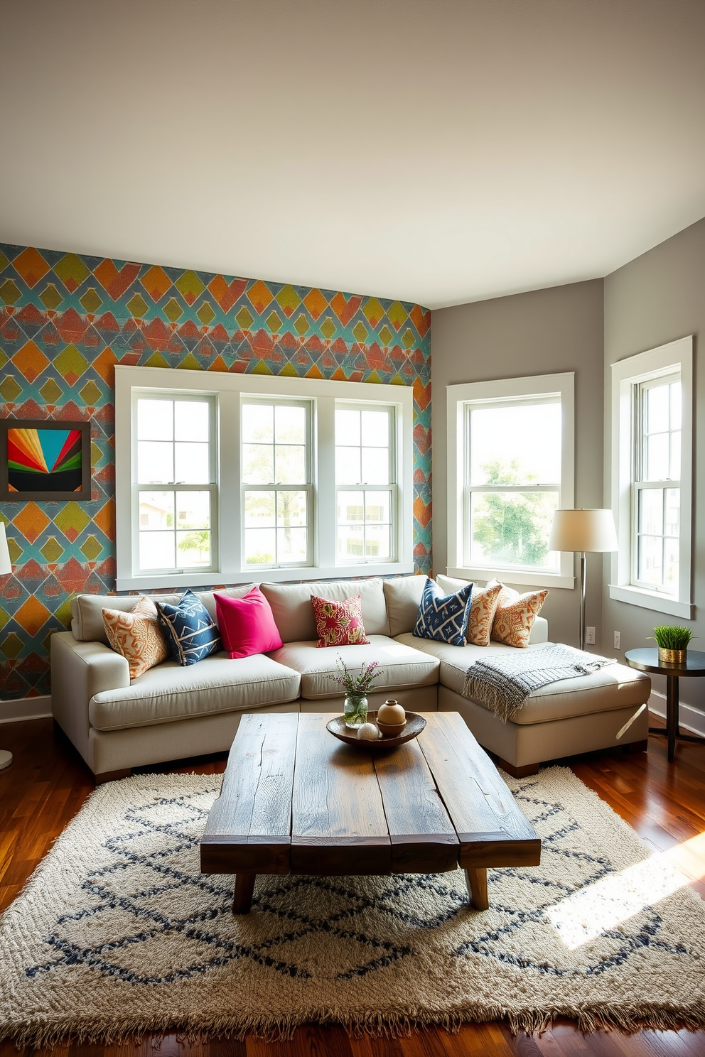 A modern family room featuring an accent wall adorned with vibrant wallpaper showcasing a geometric pattern. The room includes a plush sectional sofa in a neutral tone, paired with colorful throw pillows that complement the accent wall. Natural light floods the space through large windows, illuminating a stylish coffee table made of reclaimed wood. A cozy area rug anchors the seating arrangement, while artwork hangs on the remaining walls to enhance the contemporary feel.