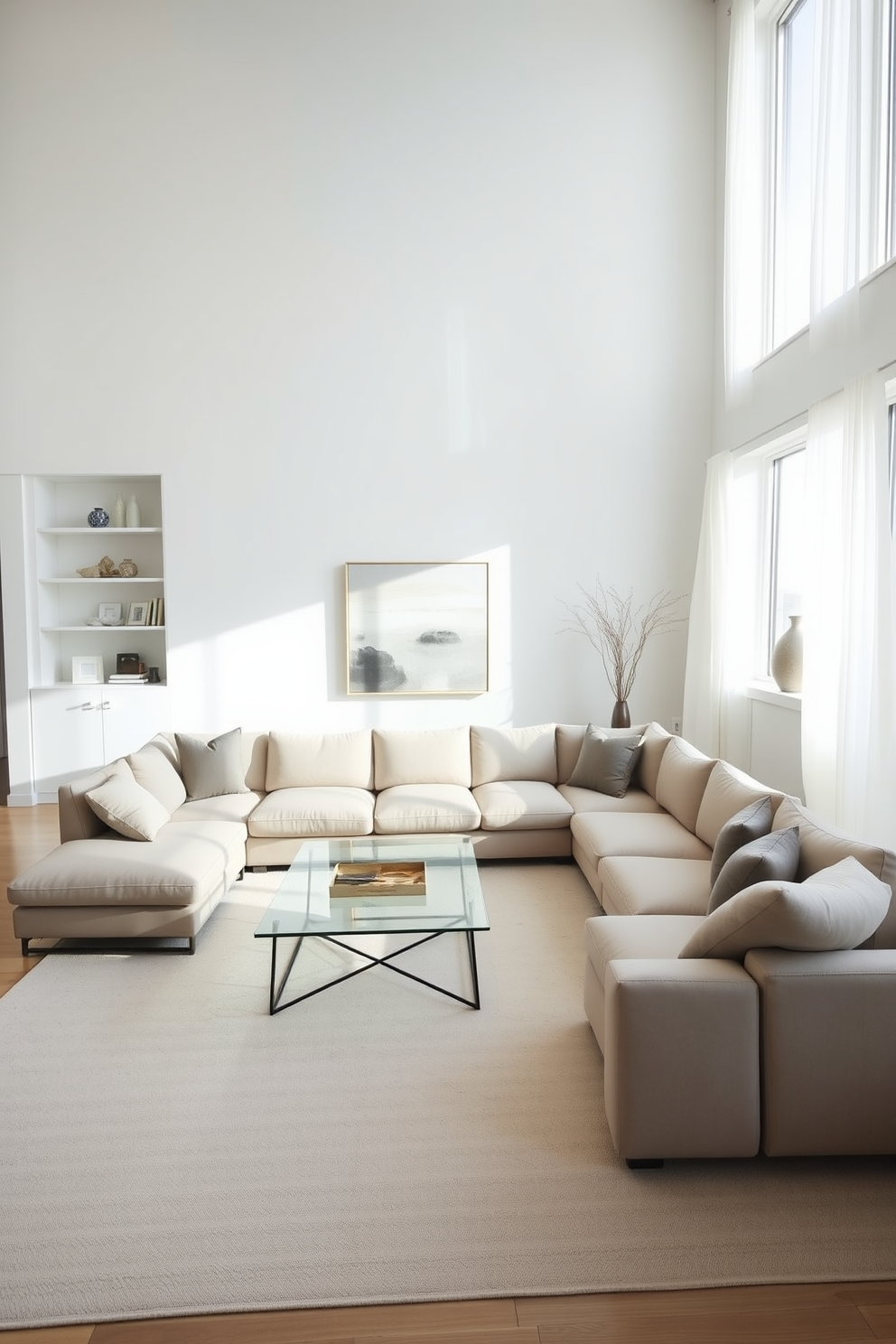 A minimalist family room featuring a large sectional sofa in a neutral color, positioned around a sleek coffee table made of glass. The walls are painted white, and a single piece of abstract art hangs above the sofa, complemented by a soft area rug with subtle patterns. Natural light floods the space through large windows, adorned with sheer curtains that allow for privacy while maintaining an airy feel. A few carefully selected decorative items are placed on open shelves, enhancing the uncluttered aesthetic without overwhelming the room.