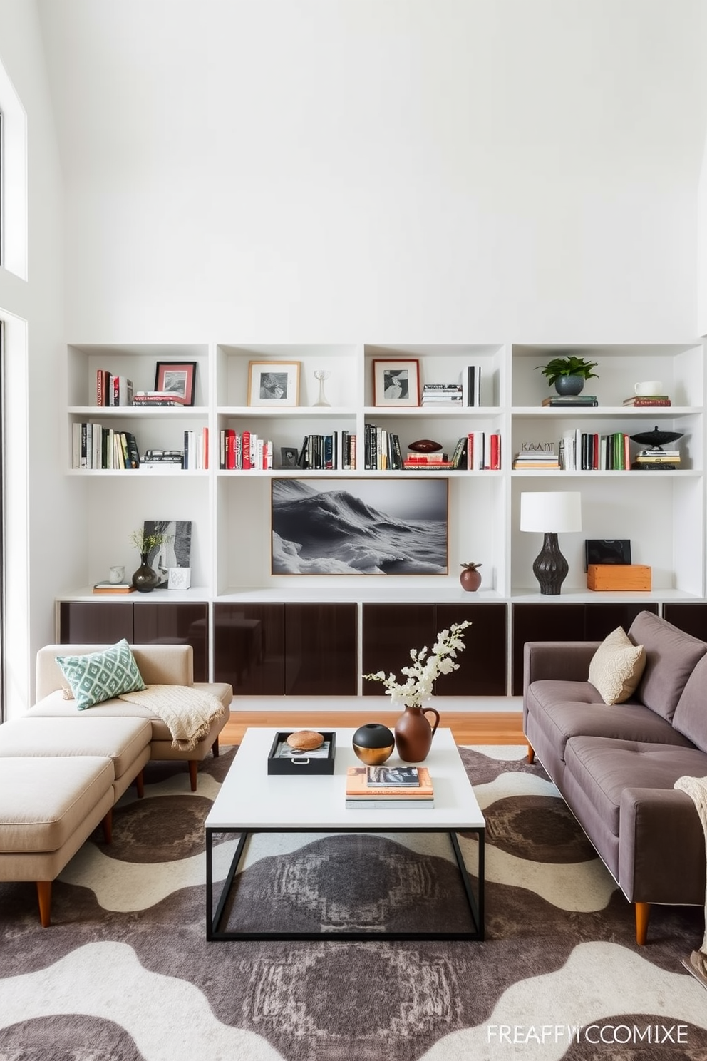 A modern family room features open shelving that showcases books and decorative items for easy access and display. The space is designed with a cozy sectional sofa, a sleek coffee table, and a large area rug that ties the room together.