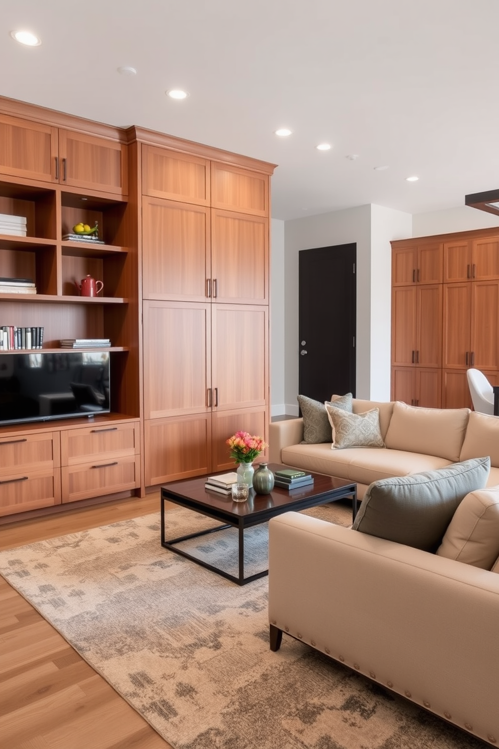 A sleek coffee table with integrated storage options sits at the center of a modern family room. The table features clean lines and a minimalist design, complementing the surrounding furniture and decor. The family room is adorned with a cozy sectional sofa in neutral tones, accented by vibrant throw pillows. Large windows allow natural light to flood the space, enhancing the inviting atmosphere.