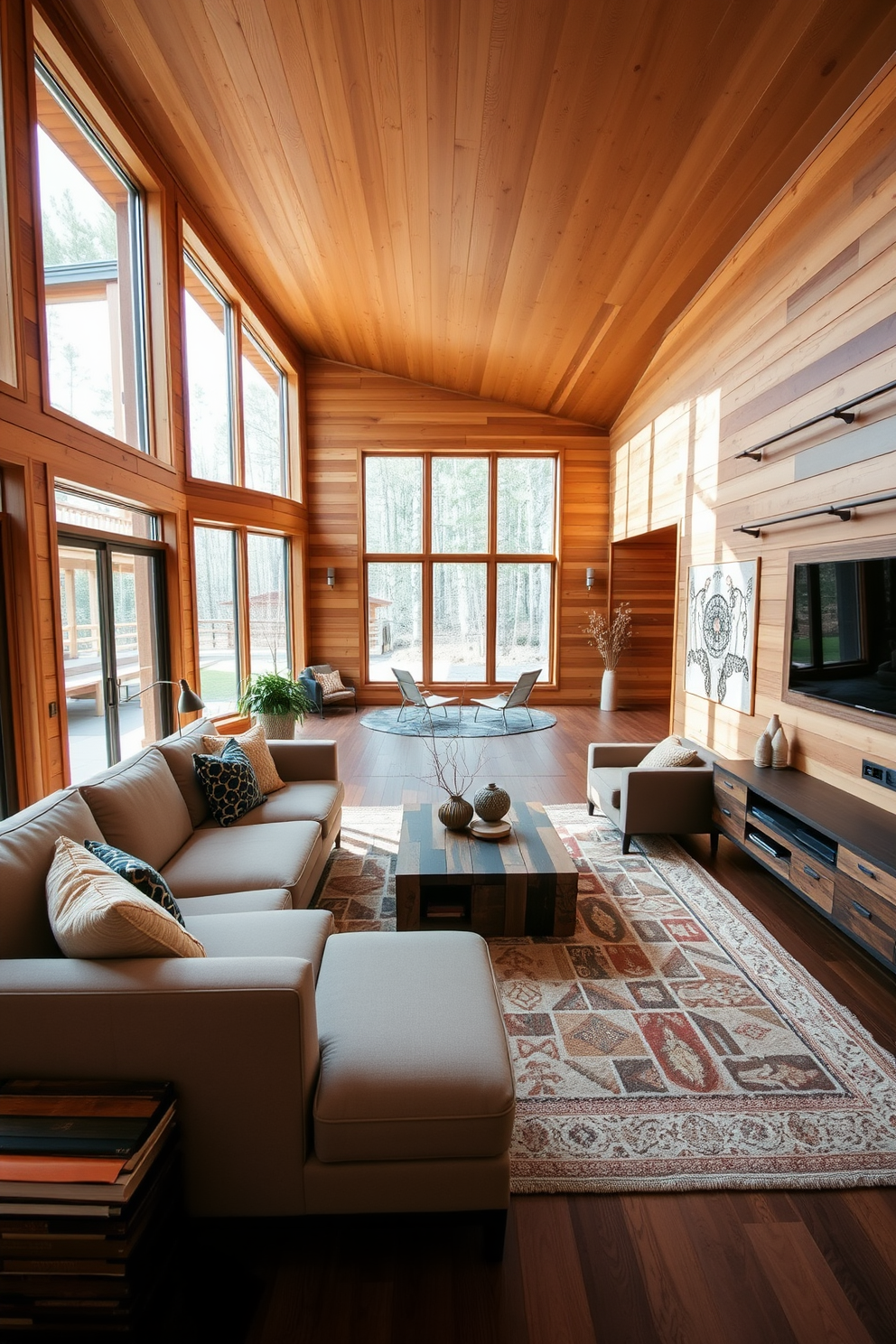 A modern family room design featuring soft, inviting color schemes that promote relaxation. The space includes a plush sectional sofa in light beige, accented with pastel throw pillows, and a large area rug that adds warmth to the hardwood floor. Natural light floods the room through oversized windows, creating a bright and airy atmosphere. A stylish coffee table made of reclaimed wood sits at the center, surrounded by comfortable seating options for family gatherings.