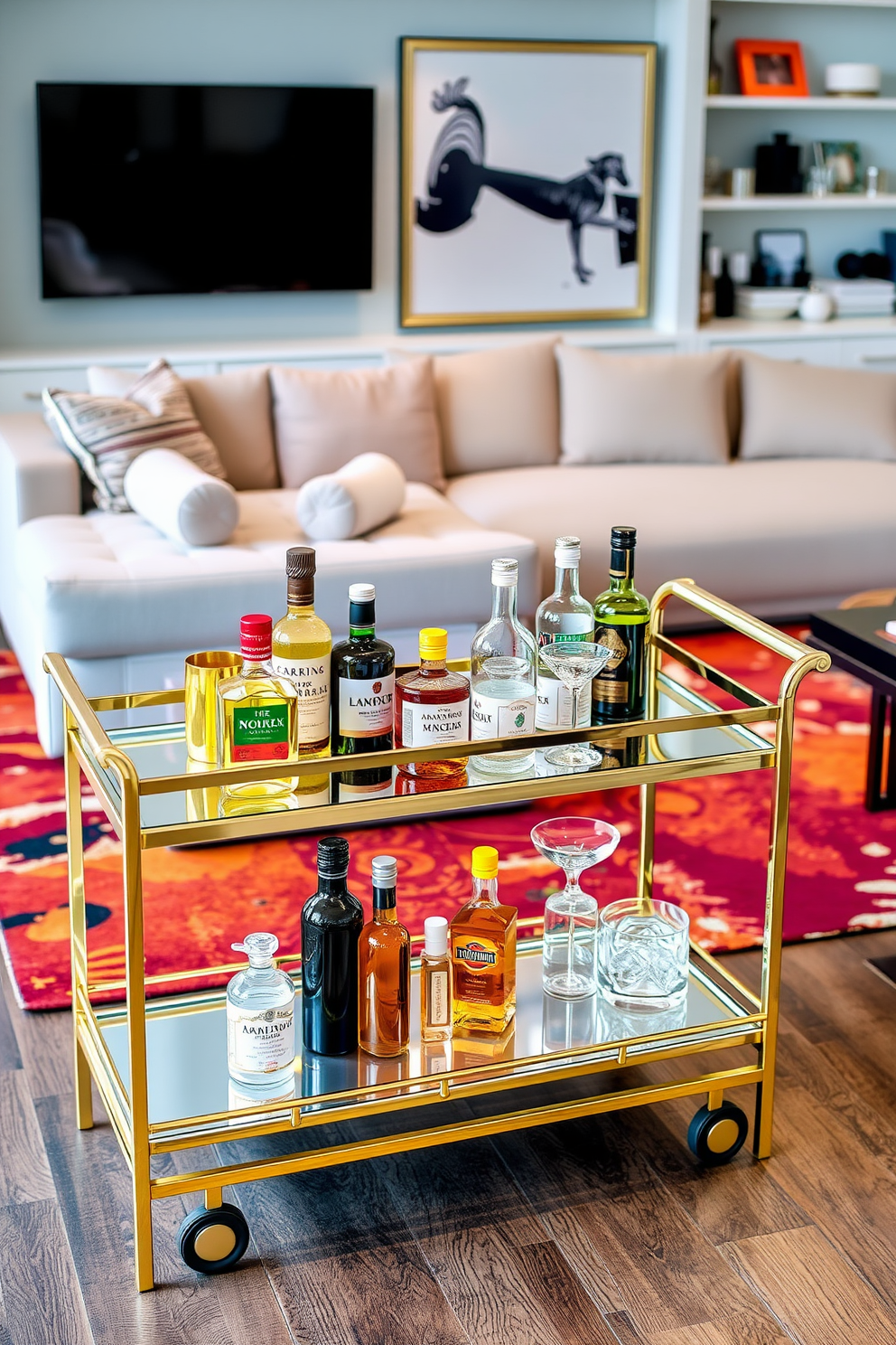 Chic bar cart for entertaining guests. The cart features a sleek gold frame with a glass top and bottom shelf, elegantly displaying an assortment of fine spirits, mixers, and stylish glassware. Modern family room design ideas. The space is anchored by a large, comfortable sectional sofa in a neutral fabric, complemented by a colorful area rug and a striking coffee table that serves as the centerpiece.