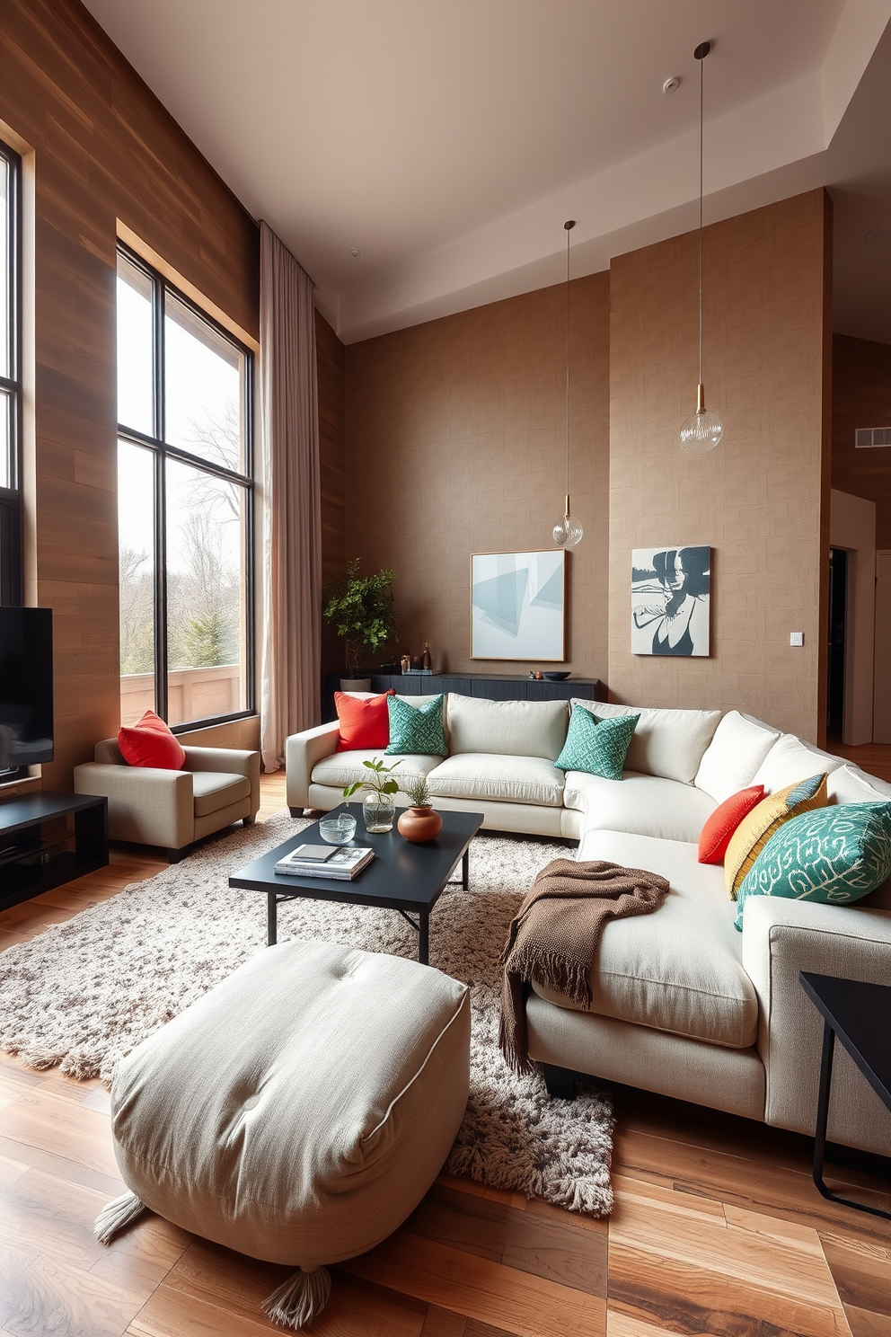 A modern family room featuring a cozy fireplace as the focal point. The room is adorned with plush seating in neutral tones, complemented by a large area rug that adds texture. Floor-to-ceiling windows allow natural light to flood the space, enhancing the inviting atmosphere. A stylish coffee table sits in the center, surrounded by decorative accents and soft throw blankets.