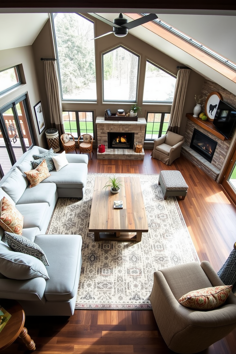 A modern family room featuring minimalist furniture with clean lines. The space includes a sleek sectional sofa in a neutral tone, paired with a simple coffee table and a low-profile entertainment unit.