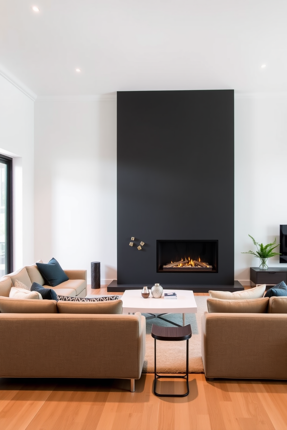 A sleek fireplace serves as the design centerpiece in a modern family room. The room features a spacious layout with a comfortable sectional sofa facing the fireplace, surrounded by minimalist decor and warm lighting.