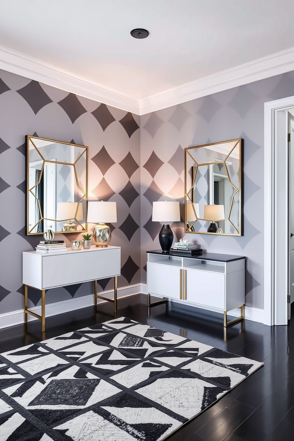 A modern foyer featuring geometric patterns on the walls creates a striking visual impact. The floor is adorned with a bold, patterned rug that complements the contemporary aesthetic. A sleek console table with a minimalist design sits against one wall, topped with decorative objects and a stylish lamp. Large mirrors with geometric frames reflect light and enhance the spacious feel of the foyer.