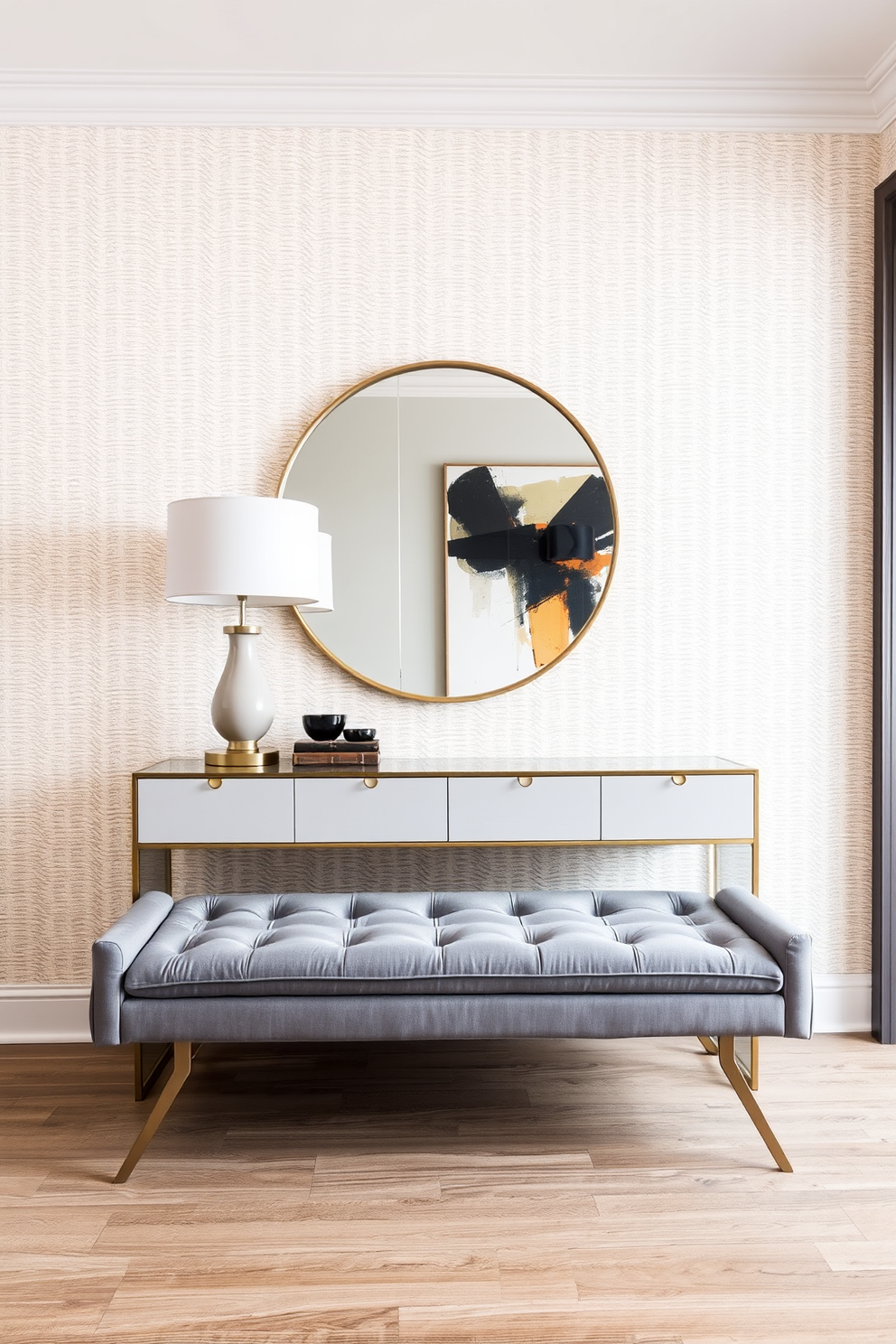 A modern foyer featuring a large glass door that allows natural light to flood the space. The entryway is adorned with sleek, minimalist furniture and a statement piece of artwork on the wall.