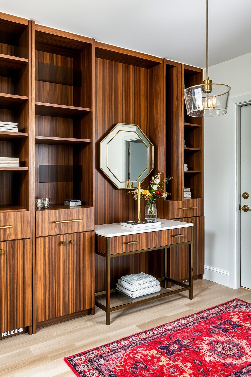 A modern foyer design featuring an open layout that enhances the spacious feel of the entrance. The space is illuminated by natural light streaming through large windows, highlighting a sleek console table against the wall. Textured wallpaper in a neutral tone adds warmth, while a statement light fixture hangs above for an elegant touch. A stylish area rug defines the space, complemented by carefully curated decor items that invite guests into the home.