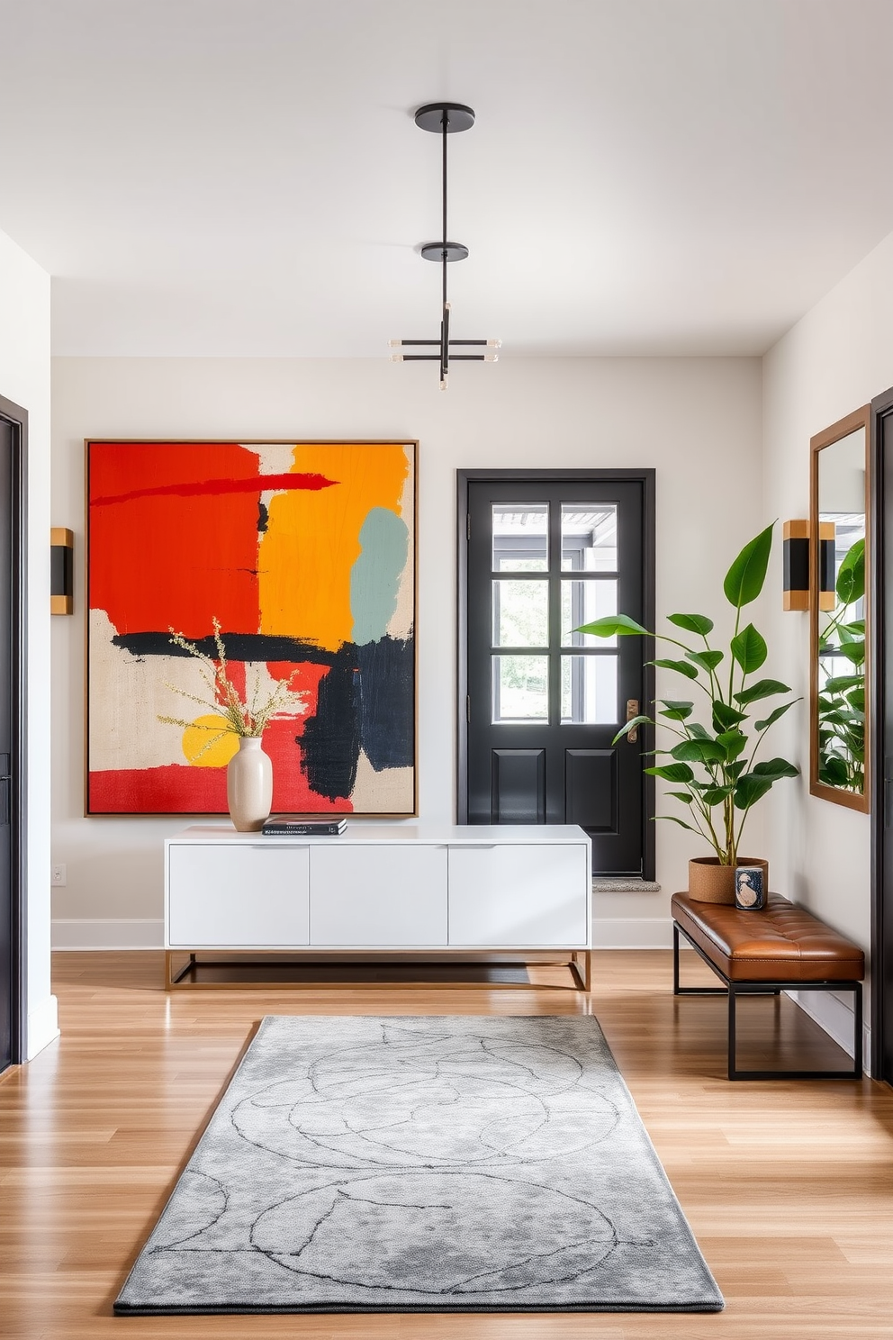 A modern foyer featuring an accent wall with rich wood paneling that adds warmth and texture to the space. The floor is adorned with large format tiles in a neutral tone, creating a clean and inviting entryway. To the right of the foyer, a sleek console table with a minimalist design holds a decorative bowl and a stylish lamp. A large mirror hangs above the table, reflecting natural light and enhancing the sense of openness in the area.