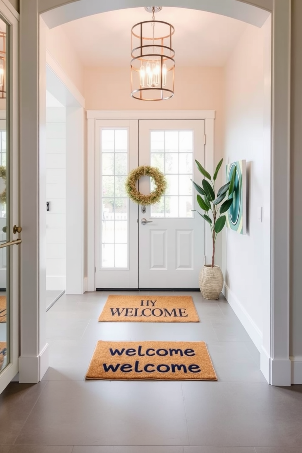 A modern foyer featuring a sleek console table in a rich walnut finish. Above the table, vibrant abstract artwork in bold colors adds a lively touch to the neutral walls. A stylish area rug in geometric patterns anchors the space, while a large round mirror reflects natural light. Potted plants in decorative planters provide a refreshing pop of greenery, enhancing the welcoming atmosphere.