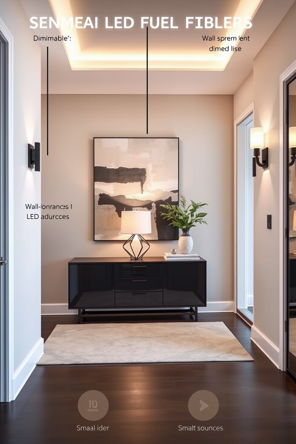 A modern foyer featuring a sleek console table with a glass top and elegant metal legs. The walls are adorned with a statement wallpaper in a geometric pattern, and a large round mirror hangs above the table. Unique door hardware adds a stylish touch to the foyer, with a pair of brushed brass handles that complement the overall design. The flooring consists of large format tiles in a neutral tone, creating a seamless transition into the living space.