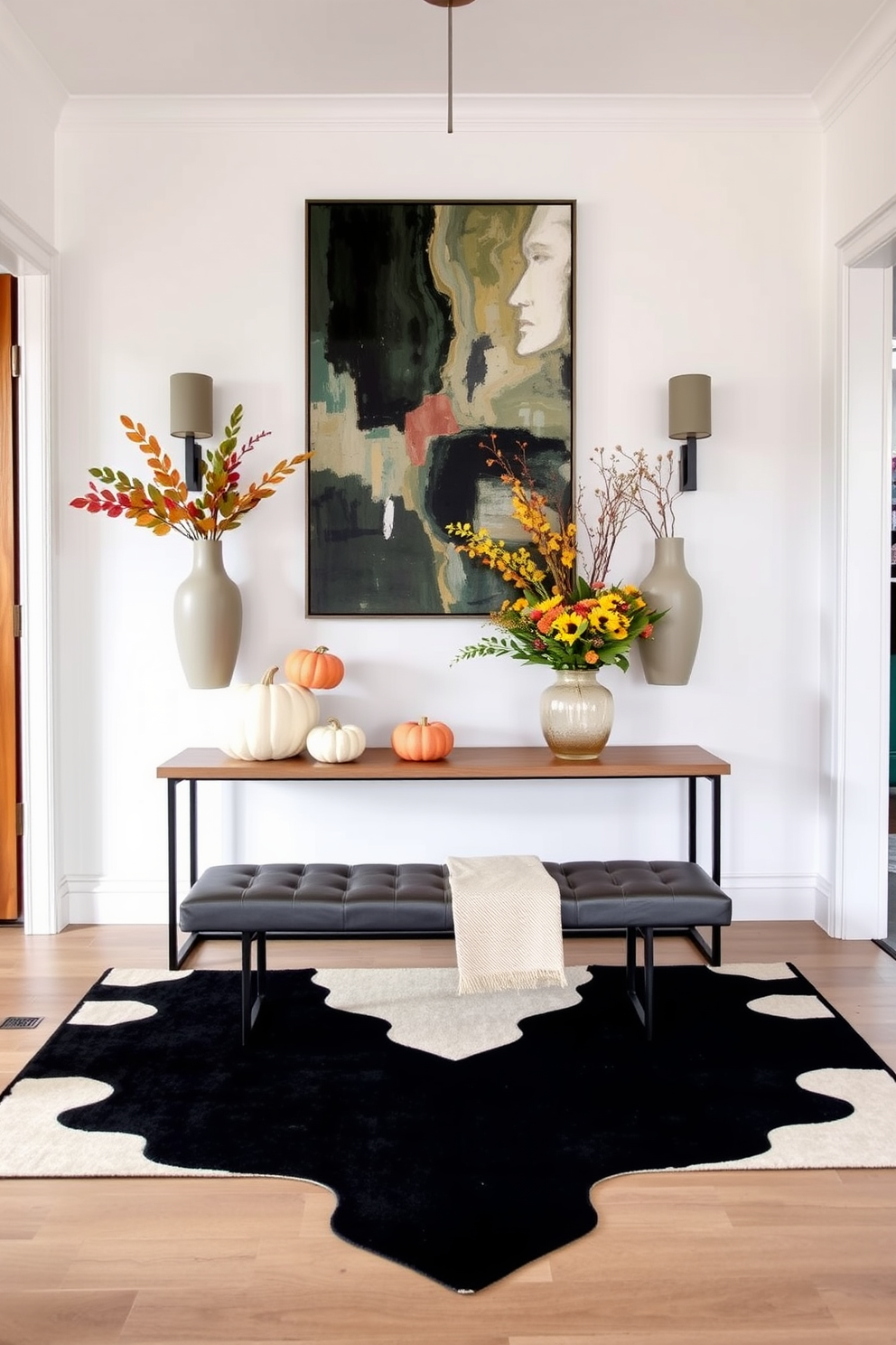 Seasonal decor for a dynamic entryway. The space features a large console table adorned with a mix of seasonal decorations, including pumpkins in autumn and fresh flowers in spring. Modern foyer design ideas. The walls are painted in a crisp white, while a striking geometric rug anchors the space, complemented by a sleek bench and contemporary artwork.