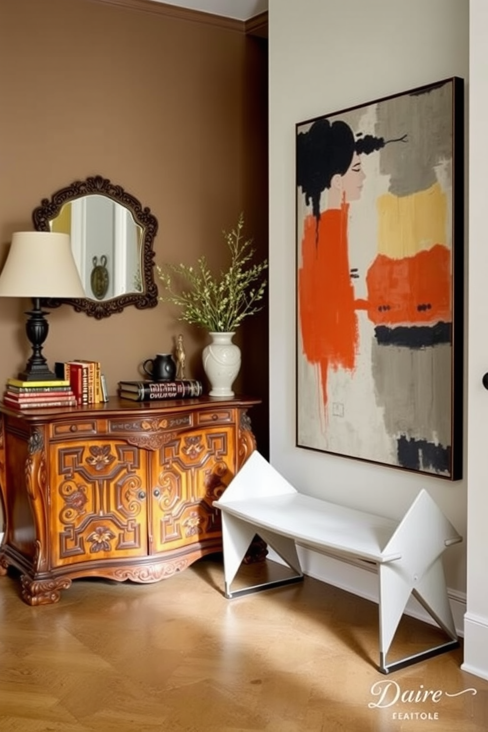 A vintage foyer filled with character and charm. An antique console table with intricate carvings sits against the wall, adorned with a collection of vintage books and a decorative lamp. Modern foyer design ideas emphasize clean lines and minimalism. A sleek bench with geometric shapes is positioned near the entrance, complemented by a large abstract painting that adds a pop of color to the space.