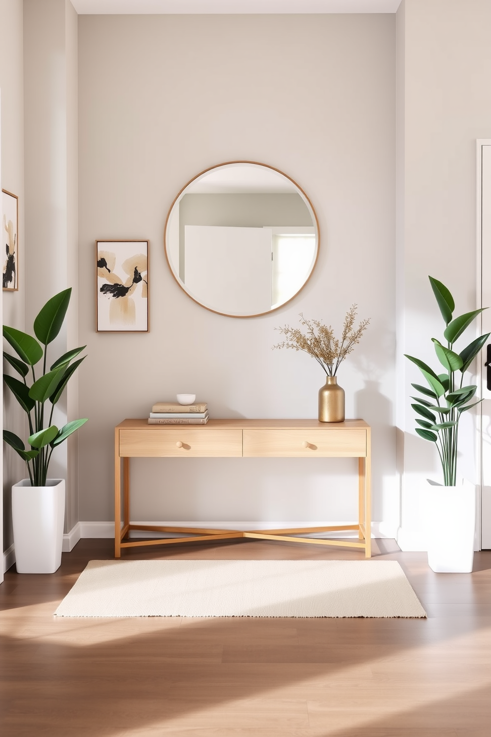 A modern foyer features large potted plants strategically placed to create a dramatic effect. The entrance is illuminated by a stylish chandelier, with a sleek console table against the wall adorned with decorative items. The walls are painted in a soft neutral tone, enhancing the natural light that floods the space. A contemporary area rug lies beneath, adding warmth and texture to the overall design.