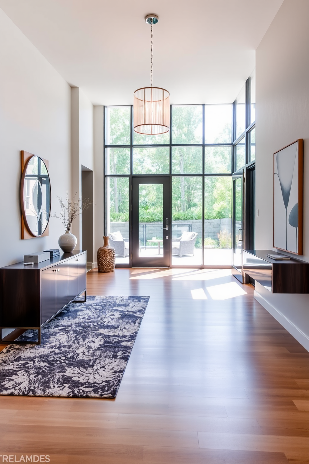 A modern foyer featuring an open layout that enhances the spacious feel of the entrance. The design includes a large, minimalist console table against the wall, complemented by a statement light fixture hanging from the ceiling. Natural light floods the space through oversized windows, highlighting the sleek hardwood flooring. A stylish area rug adds warmth, while contemporary artwork adorns the walls, creating an inviting atmosphere.