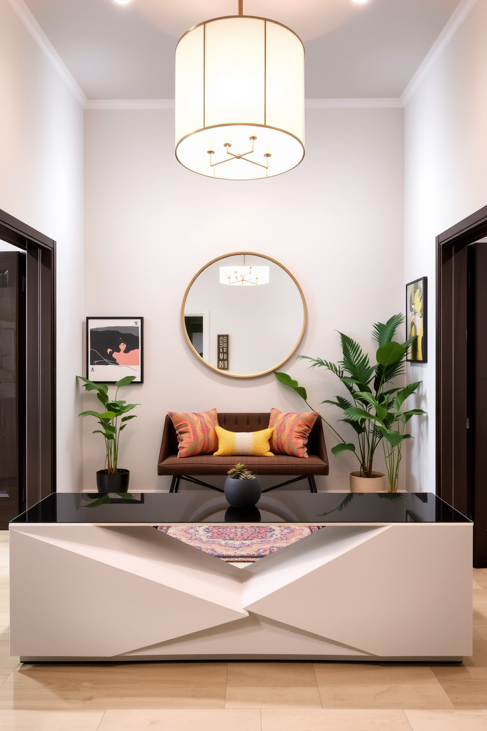 A modern foyer featuring a sleek console table with a geometric design. The walls are adorned with abstract art pieces, and a statement pendant light hangs from the ceiling. A cozy seating area includes a stylish bench with colorful cushions and a round mirror above it. Potted plants are placed strategically to add a touch of greenery and warmth to the space.