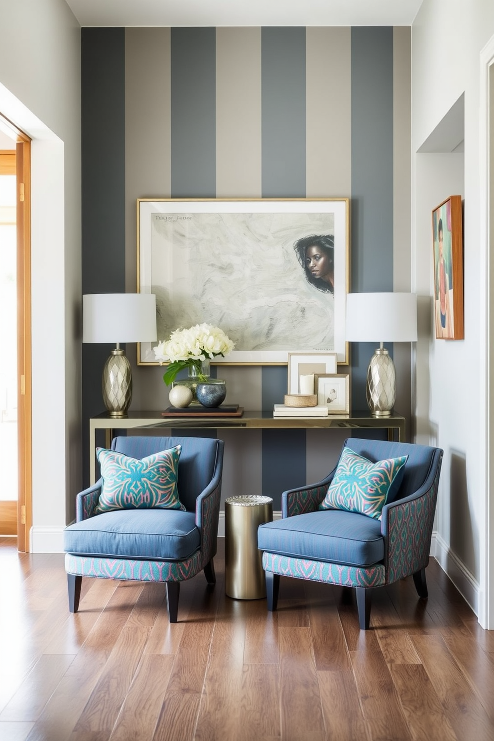 Seasonal decor to refresh the entryway. A sleek console table is adorned with a stylish arrangement of seasonal flowers and decorative candles. Modern foyer design ideas. The walls feature a bold geometric wallpaper and a large round mirror reflects natural light, enhancing the spacious feel of the area.