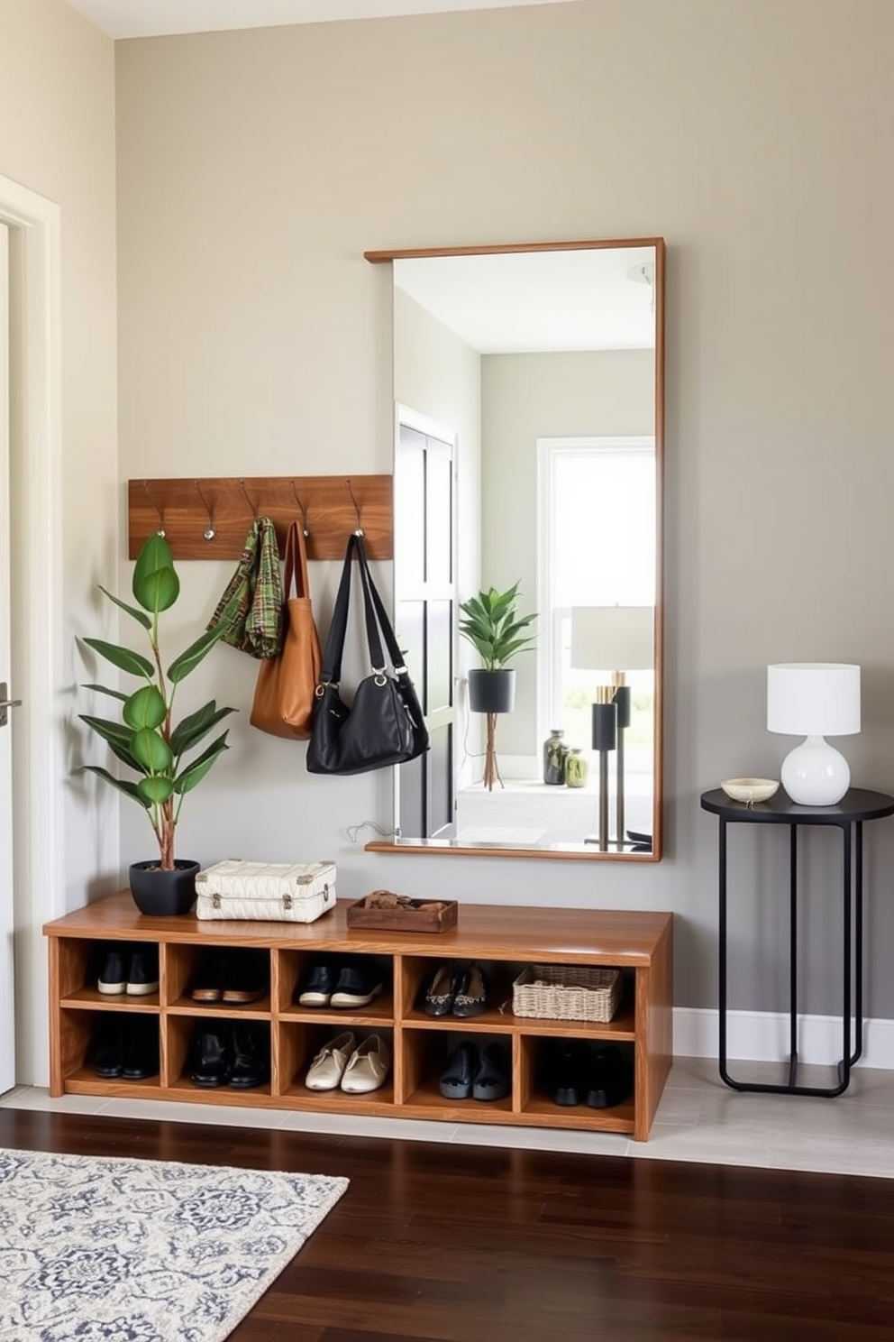 A modern foyer design featuring cascading greenery that creates a welcoming vibe. The space includes a sleek console table adorned with decorative items and a large mirror reflecting natural light.