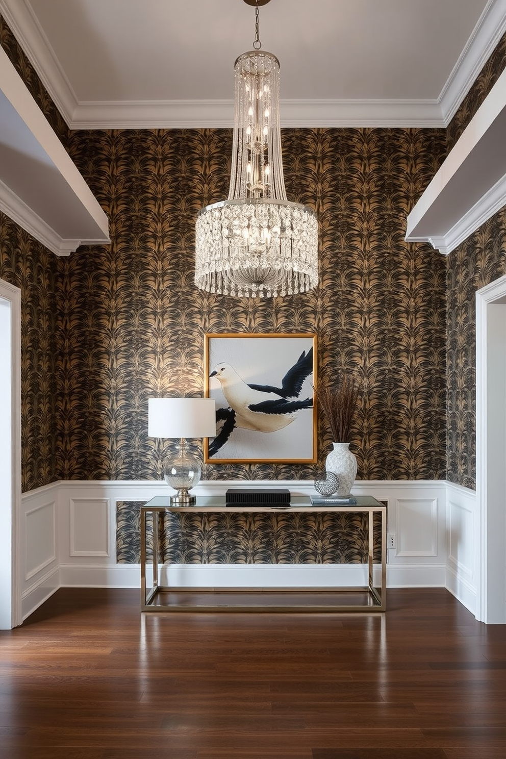 A modern foyer featuring bold wallpaper that creates a dramatic focal point. The space is illuminated by a stunning chandelier, and a sleek console table with decorative accents adds sophistication.