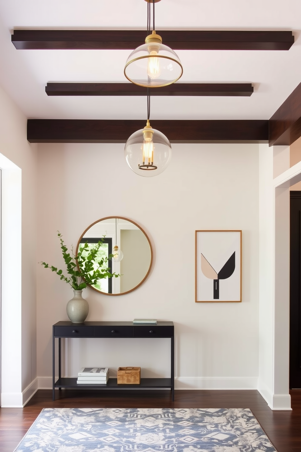 Chic pendant lights hang gracefully from the ceiling, casting a warm glow over the entryway. The foyer features a sleek console table adorned with a decorative mirror and fresh greenery, creating a welcoming atmosphere. Modern foyer design ideas incorporate clean lines and a neutral color palette. A statement rug anchors the space, while minimalist artwork adds a touch of sophistication to the walls.