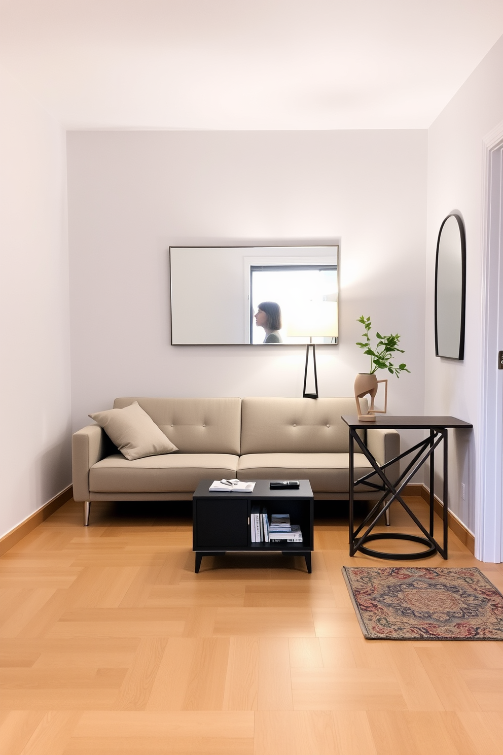 A modern foyer featuring sleek lighting fixtures that illuminate the space with a warm glow. The entrance showcases a minimalist console table with a decorative mirror above, complemented by stylish pendant lights hanging from the ceiling.