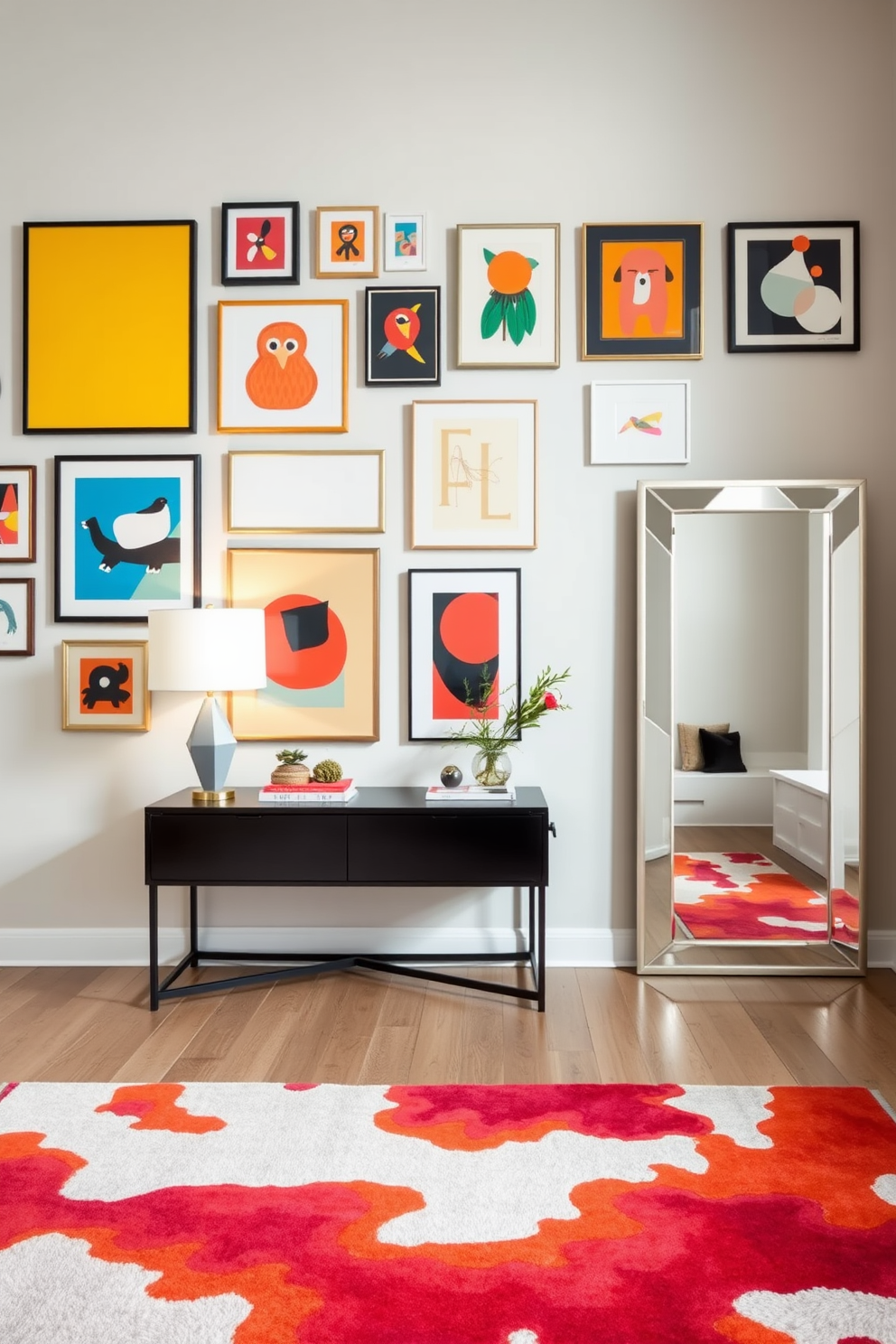 Art gallery wall to showcase creativity. The wall is adorned with a variety of framed artworks in different sizes, featuring bold colors and abstract designs. Modern foyer design ideas. The space includes a sleek console table with a minimalist lamp, a large mirror with a geometric frame, and a vibrant area rug that adds warmth and texture.