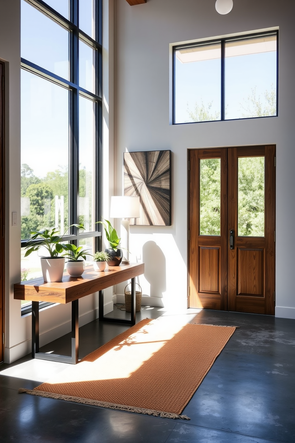 A modern foyer featuring sleek floating shelves made of light wood. The shelves are adorned with decorative books and small potted plants, creating an inviting atmosphere. The flooring is a polished concrete with a geometric area rug adding warmth. A contemporary console table sits against the wall, complemented by a large round mirror above it.