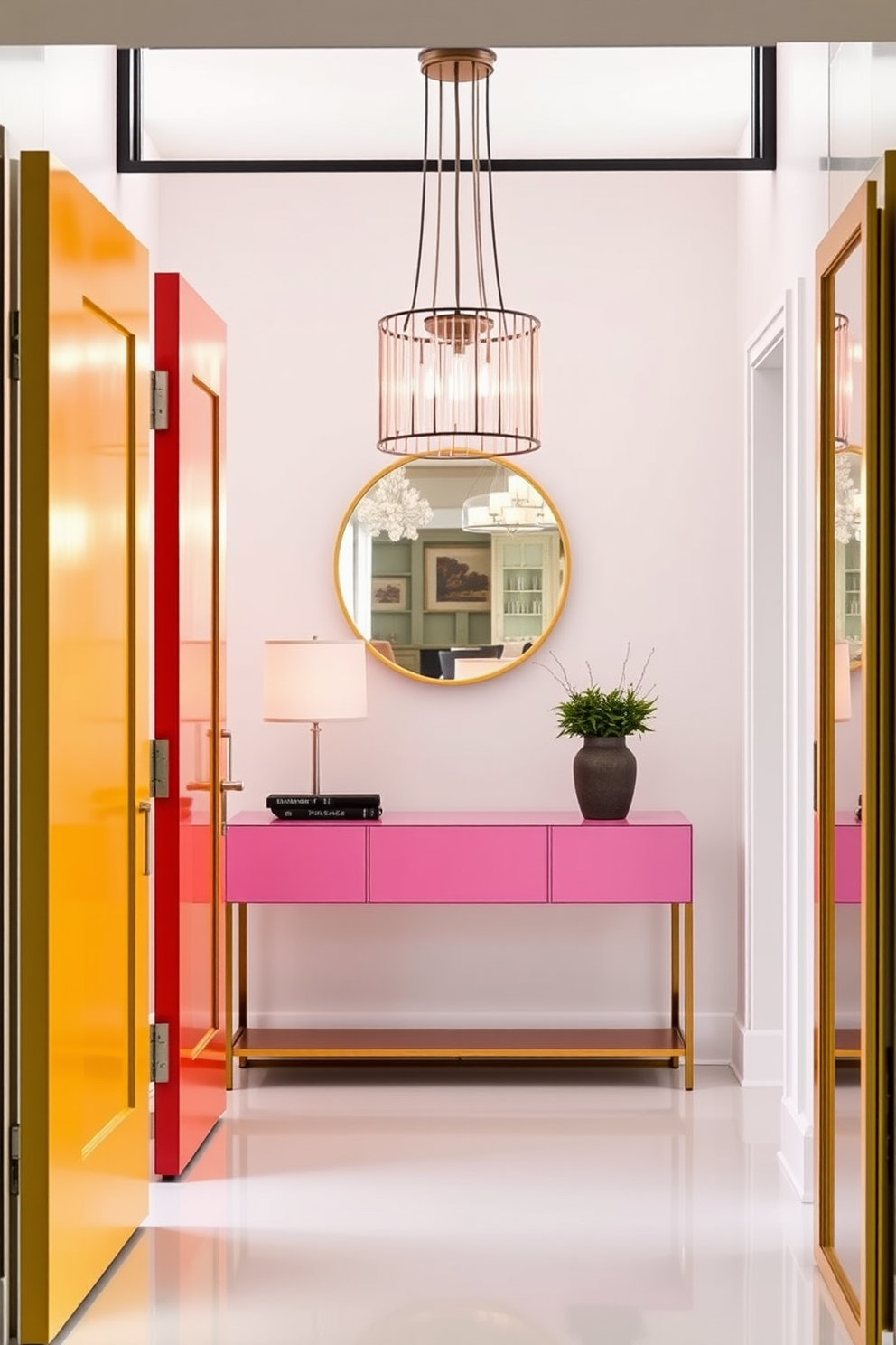 A colorful door painted in vibrant hues welcomes guests into a modern foyer. The space features sleek lines and a minimalist aesthetic, with a statement light fixture hanging above a stylish console table.