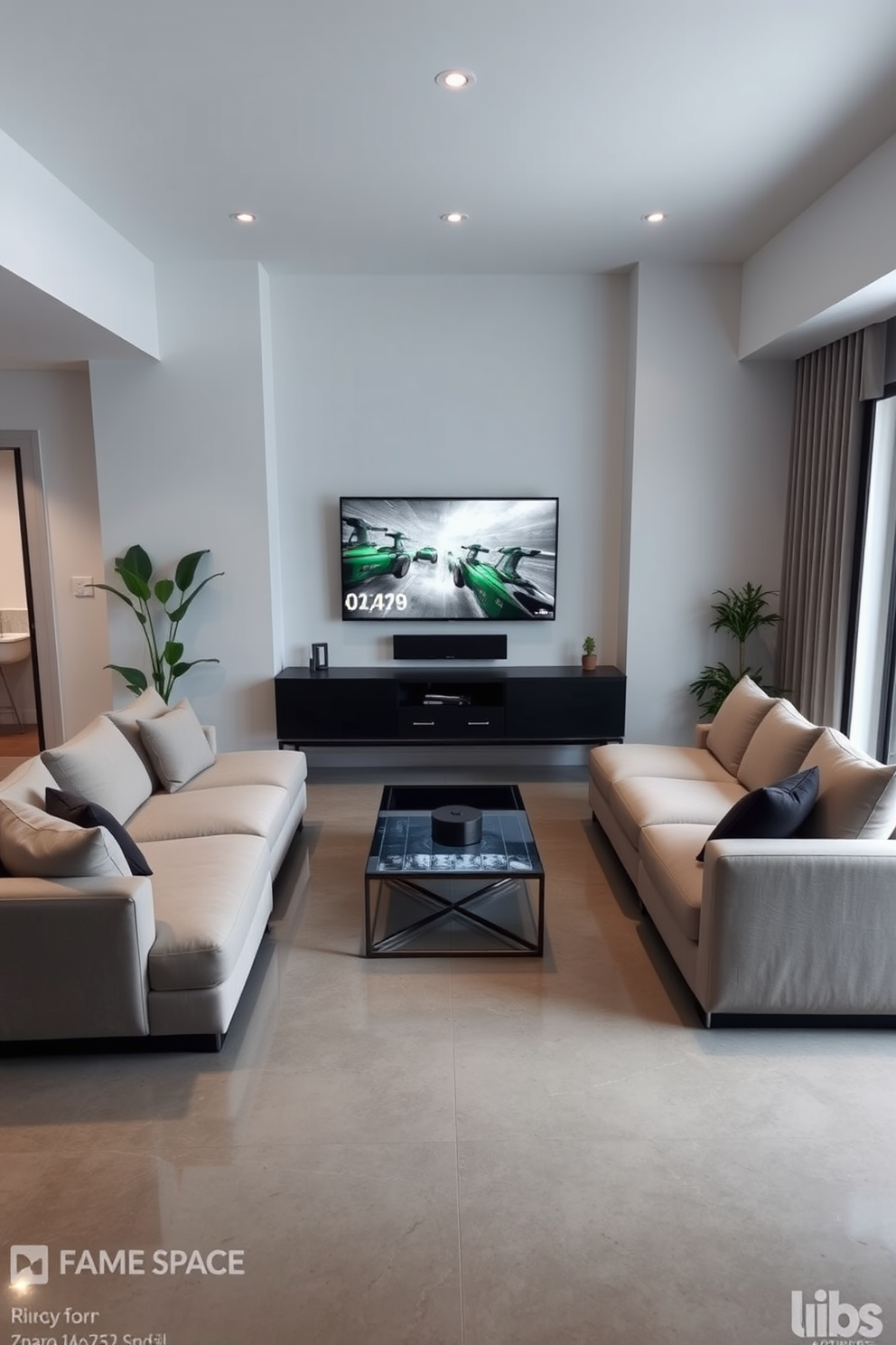 A sleek modern game room features a low-profile sectional sofa in neutral tones paired with a glass coffee table. The walls are adorned with minimalist artwork, and the lighting is provided by recessed fixtures that create a warm ambiance. In one corner, a state-of-the-art gaming console is set up on a floating shelf, complemented by a sleek media cabinet. The flooring is a polished concrete, enhancing the room's modern aesthetic while providing a durable surface for gaming activities.