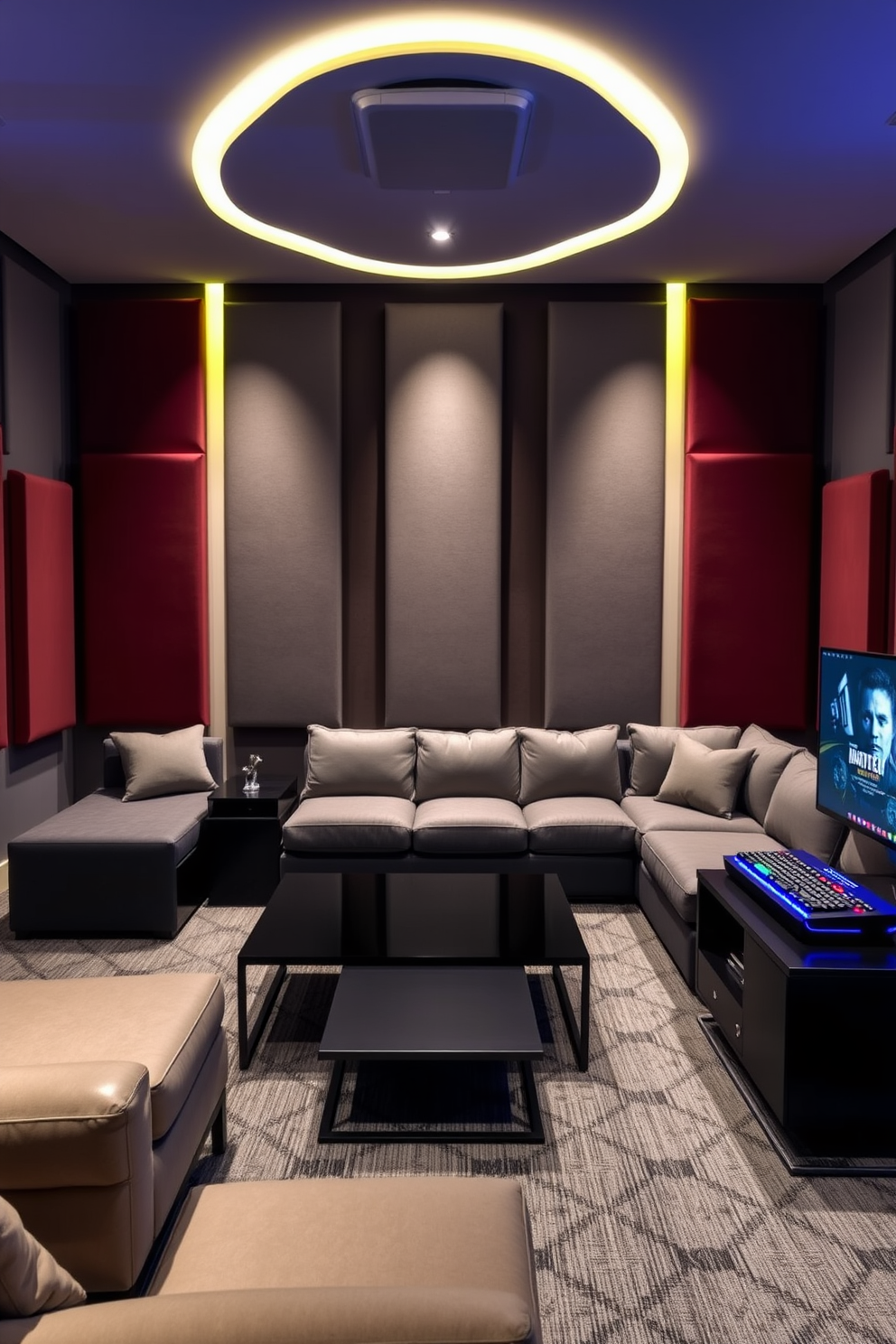 A modern game room featuring soundproofing panels on the walls to enhance acoustic comfort. The space includes a large sectional sofa, a sleek coffee table, and a state-of-the-art gaming console setup with ambient lighting.